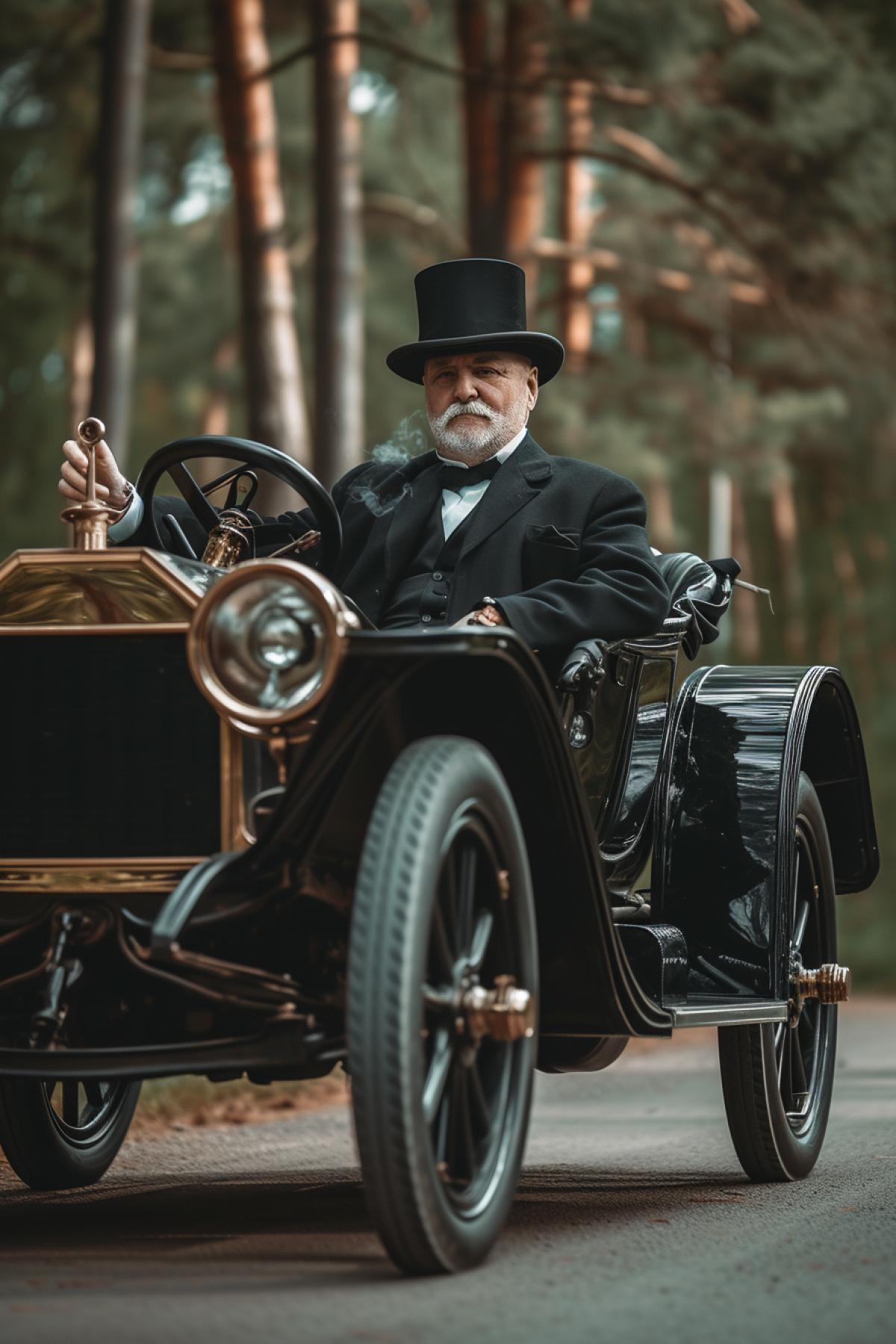 Victorian first motor auto dark high gloss high big wheels leather tent cabriolet driven by gentleman smoking cigar wearing high hat sunny day paving road detailed realistic photo