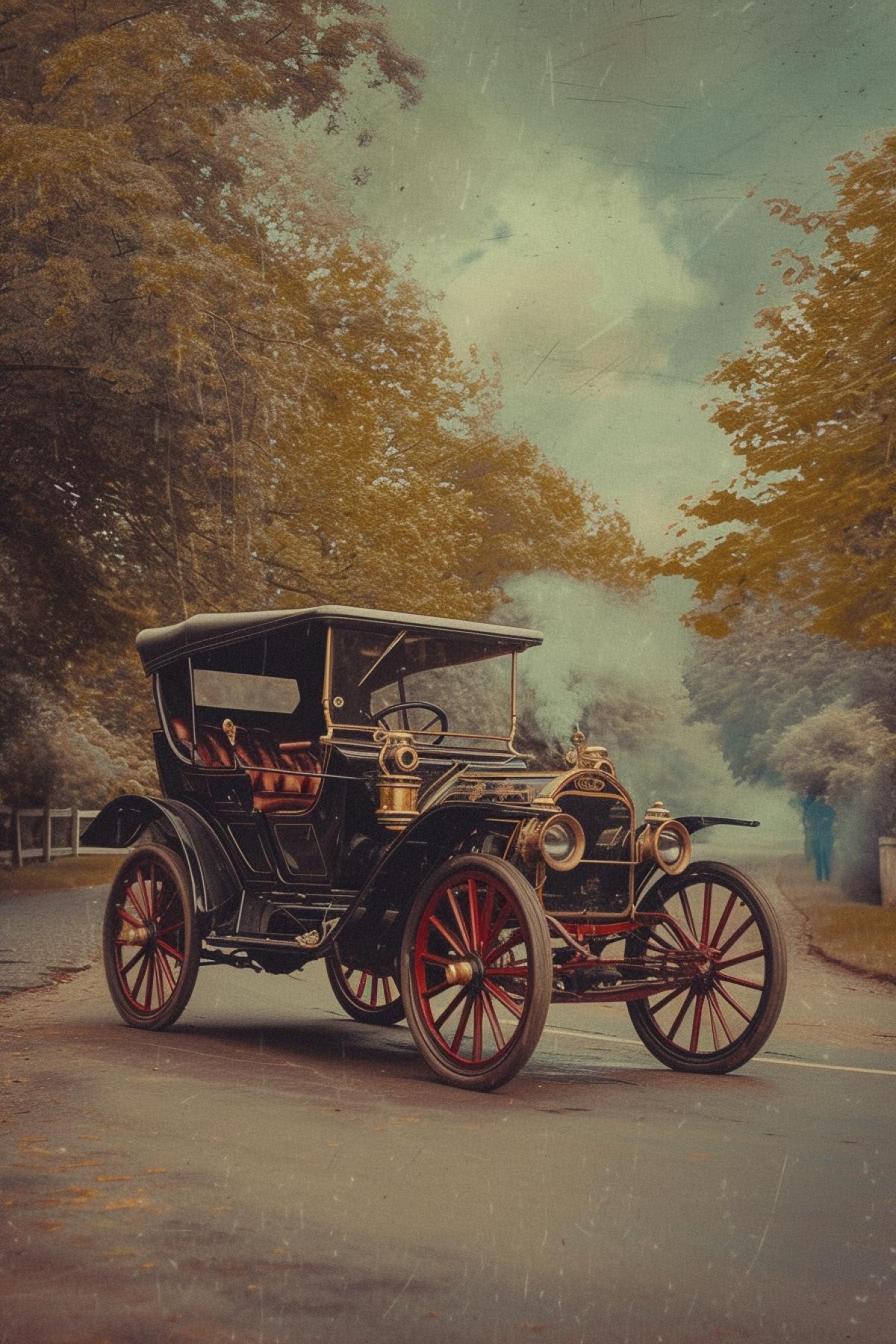 Victorian first motor auto dark high gloss high big wheels leather tent cabriolet driven by gentlemen smoking cost wearing high hat sunny day paving road oil canvas