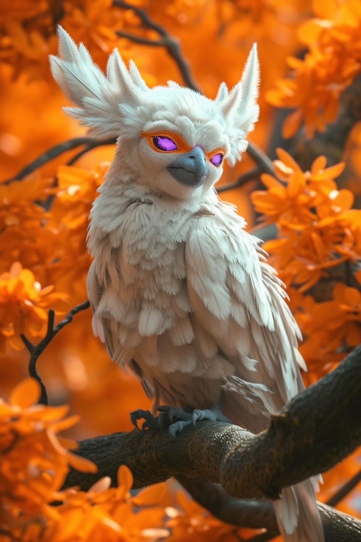 alien planet, beautiful orange trees, an alien creature resembling a white bird with large fluffy ears sits on a tree branch, purple eyes, neon, wide plan