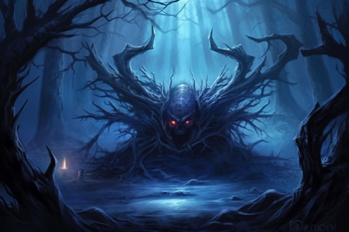 An enchanted dark forest, thick fog, glowing magic, sorcery and driftwood.