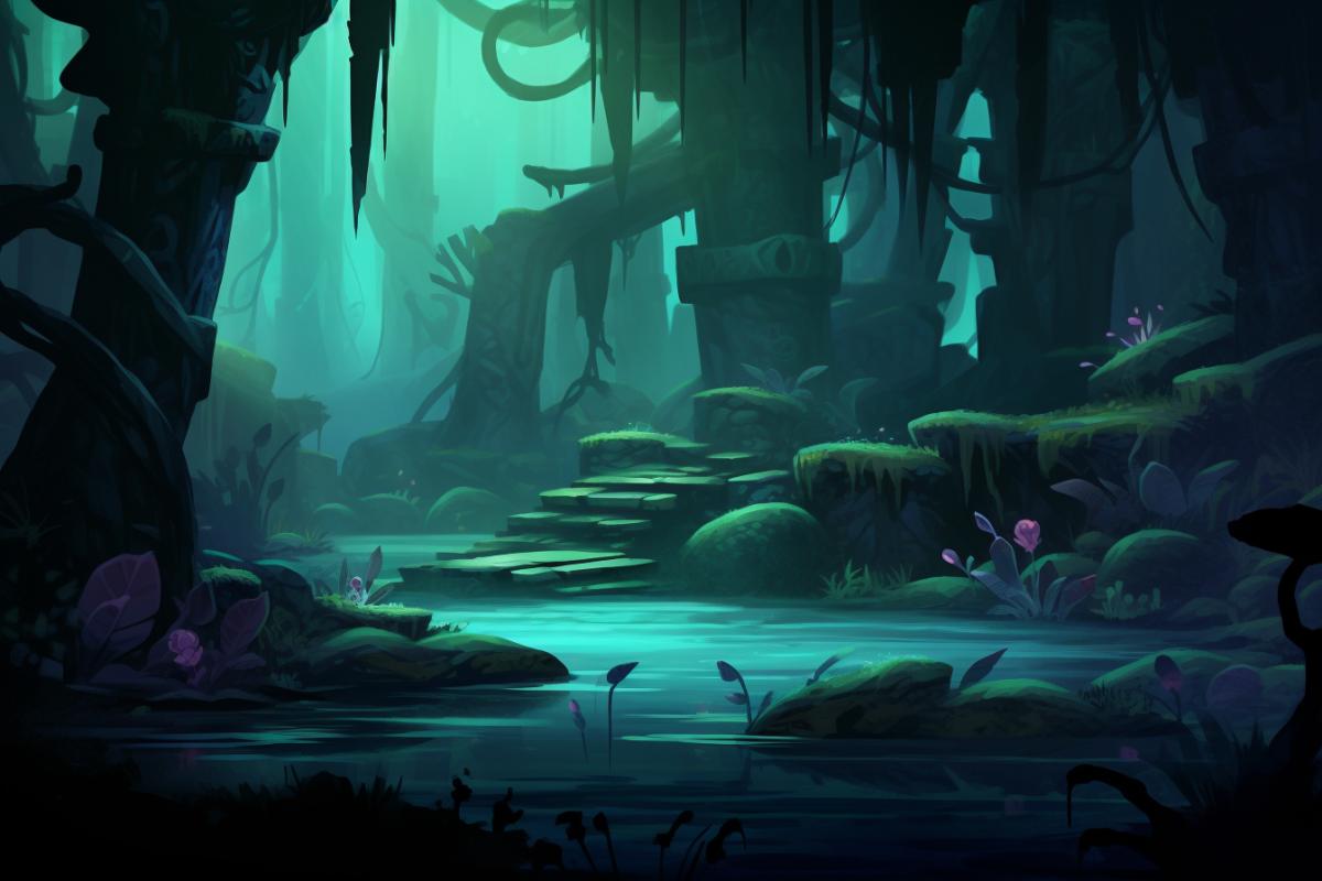 An enchanted dark forest, thick fog, glowing magic, sorcery and driftwood.