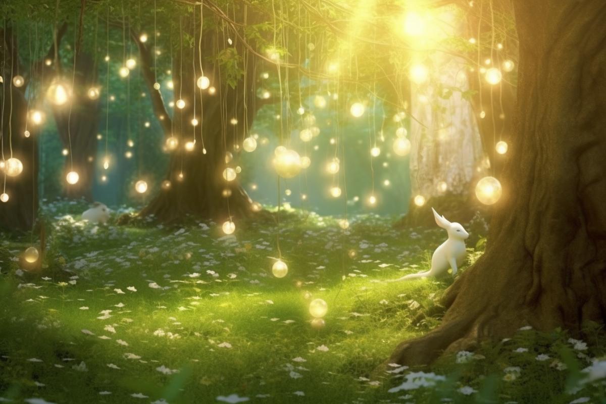 Enchanted forest for children, magical trees, strange cats