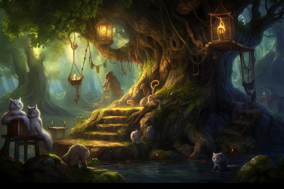 Enchanted forest for children, magical trees, strange cats