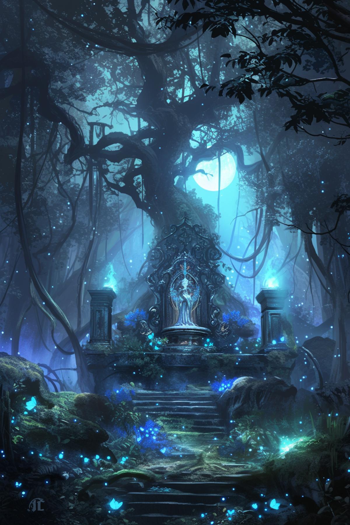Mysterious elven altar, dark forest, blue mystical lights, moon, , light blue and dark green,Kazuo Oga Ghibli Background ArtColor Style. Neutral Emotions, Only Background, Light Colors, Little Saturation, detailed costumes, pendleton ward,light green and blue, in dynamics, highly detailed, packed with hidden details, style, high dynamic range, hyper realistic, realistic attention to detail, highly detailed, 32K, intense close ups, uhd image, realism, colorful realism