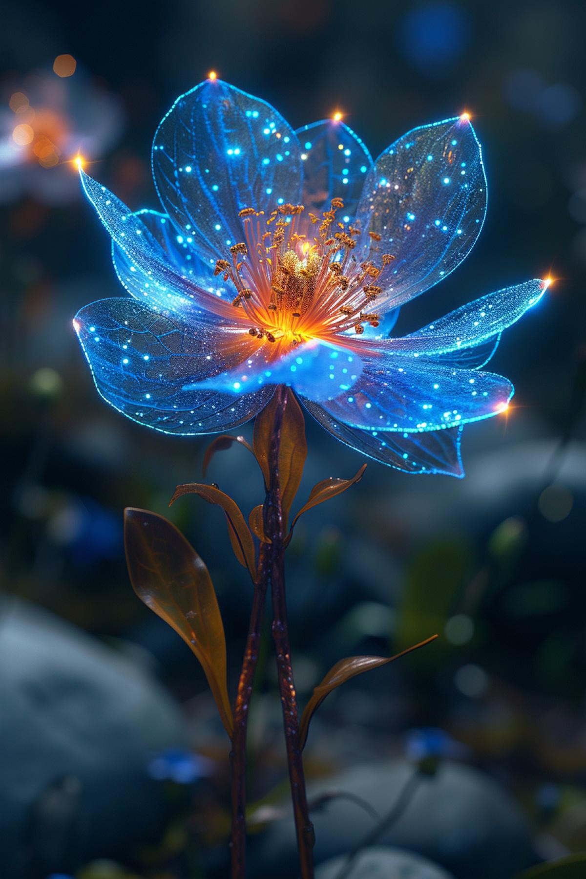 fluorescent flower, transparent blue stems, blue fire appearance flower, night, weak moonlight, fantasy flower style, medieval fantasy, fairy flower fair, in dynamics, highly detailed, packed with hidden details, style, high dynamic range, hyper realistic, realistic attention to detail, highly detailed, 32K, intense close ups, uhd image, realism, colorful realism