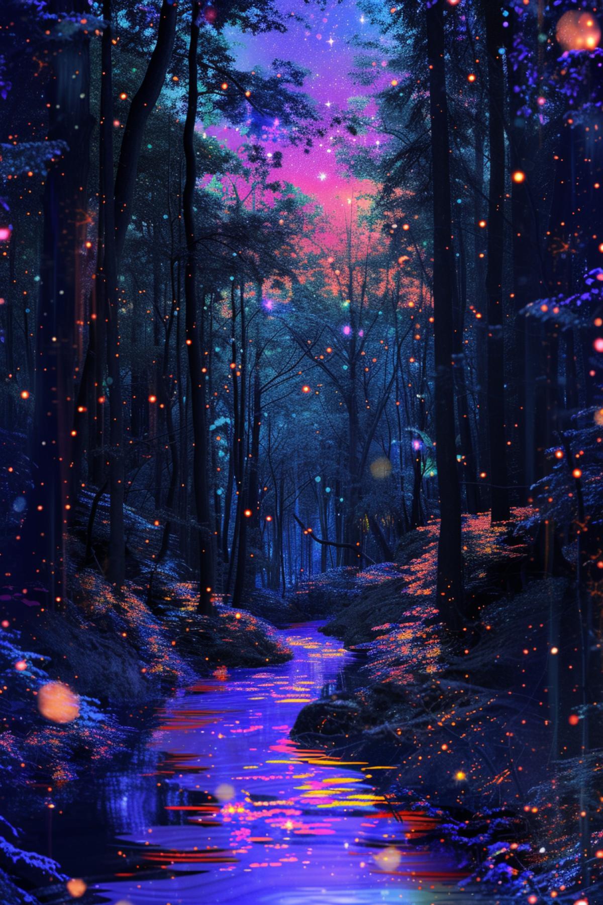 Mixed eclectic Mystic Forest, neon-infused liquid chrome digital net art in selective complementary color starry sky
