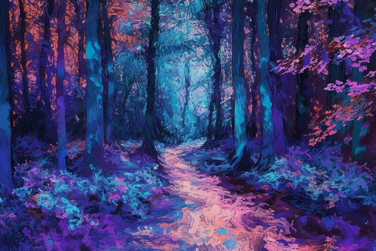 Fairy-tale forest, in Quantum Impressionism style, with Turquoise and purple probabilistic brush strokes