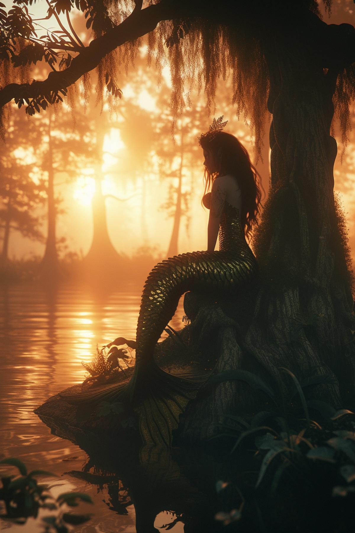 mermaid sitting on a tree in sunset swamp landscape, moss, fog, mist, forestpunk, hyper detailed, cinematic Light, Soft illumination, ultra realistic, high-quality photo, 8k