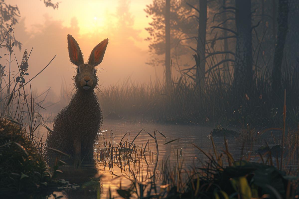 a hare with broad deer horns, in sunset swamp landscape, fog, mist, forestpunk, ultra realistic, hyper details, 8k
