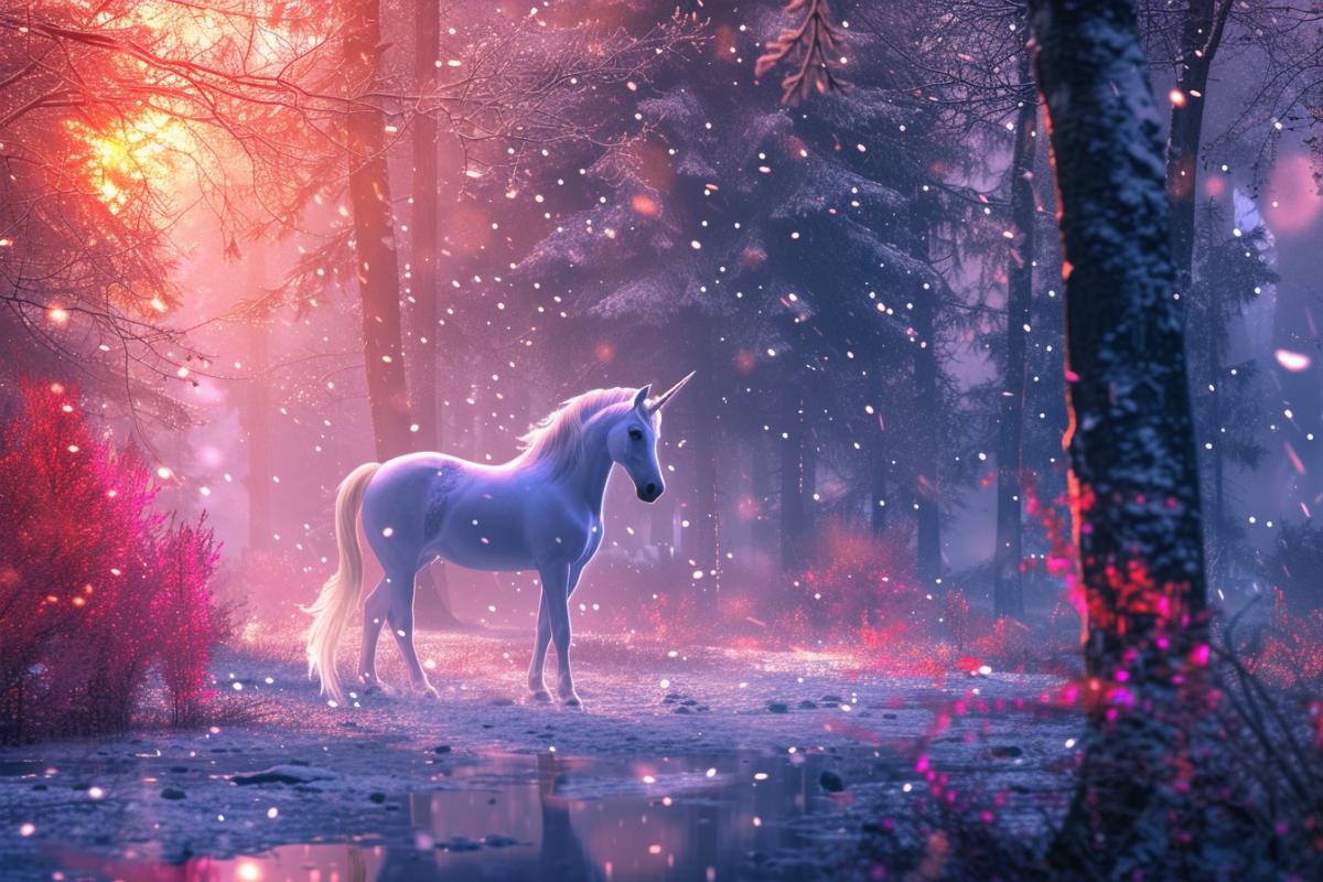 Unicorn in the fairytale forest, fantasy, magical, glowing, shiny, winter, snowfall, snow , magic atmosphere , professional highly detailed painting, professional art, 8k, ultra realistic, photo taken by professional photographer