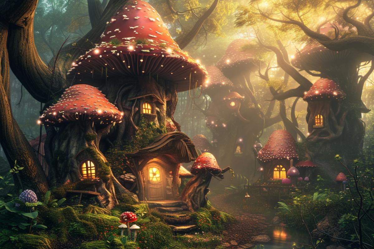 Huge fairy tale forest with Giant mushrooms, fly mushrooms, grebes, magical atmosphere, houses for fairies, photorealistic