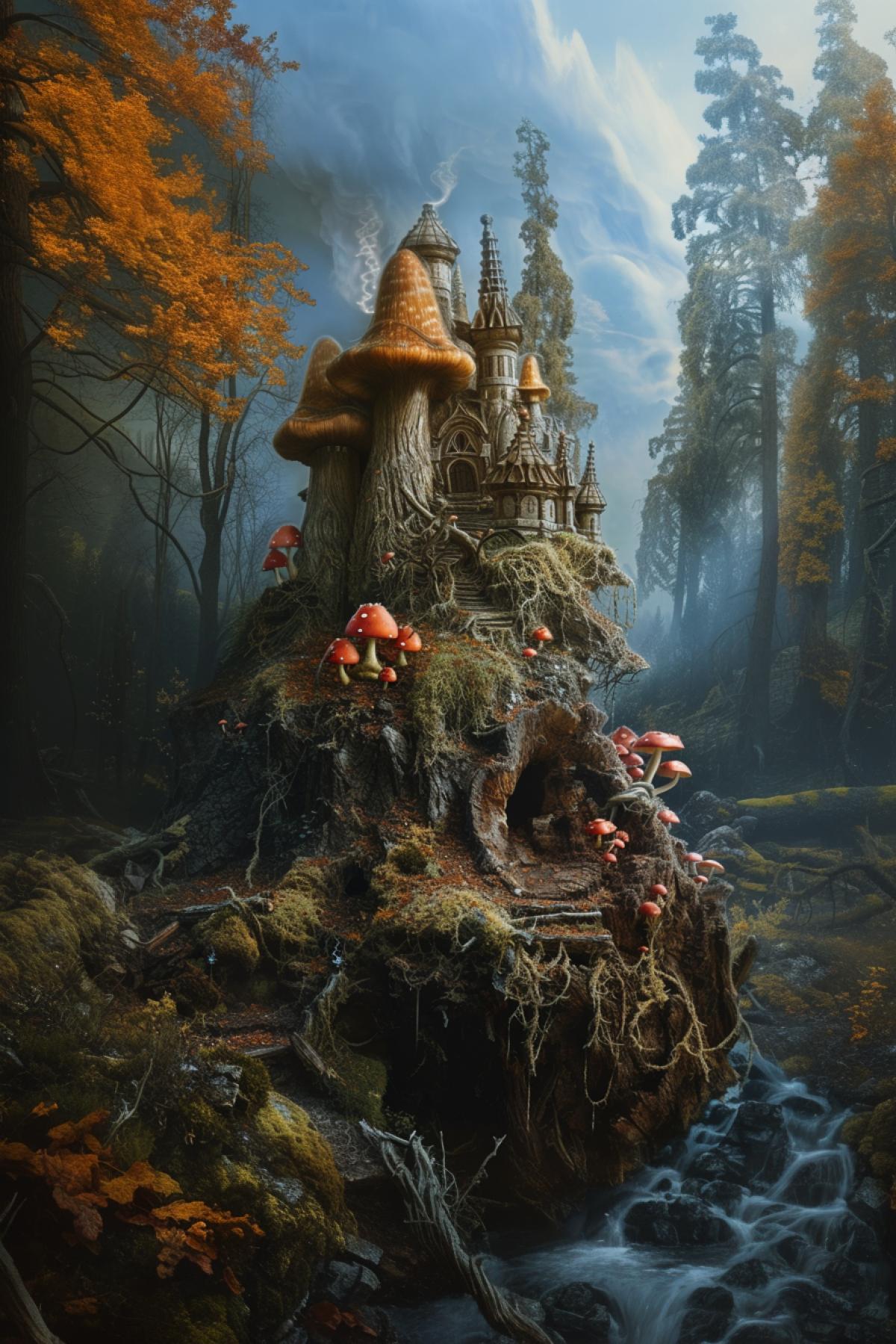 Fairytale world, taiga, rich colors, tree stump, unusual creatures, magic, fairy tale