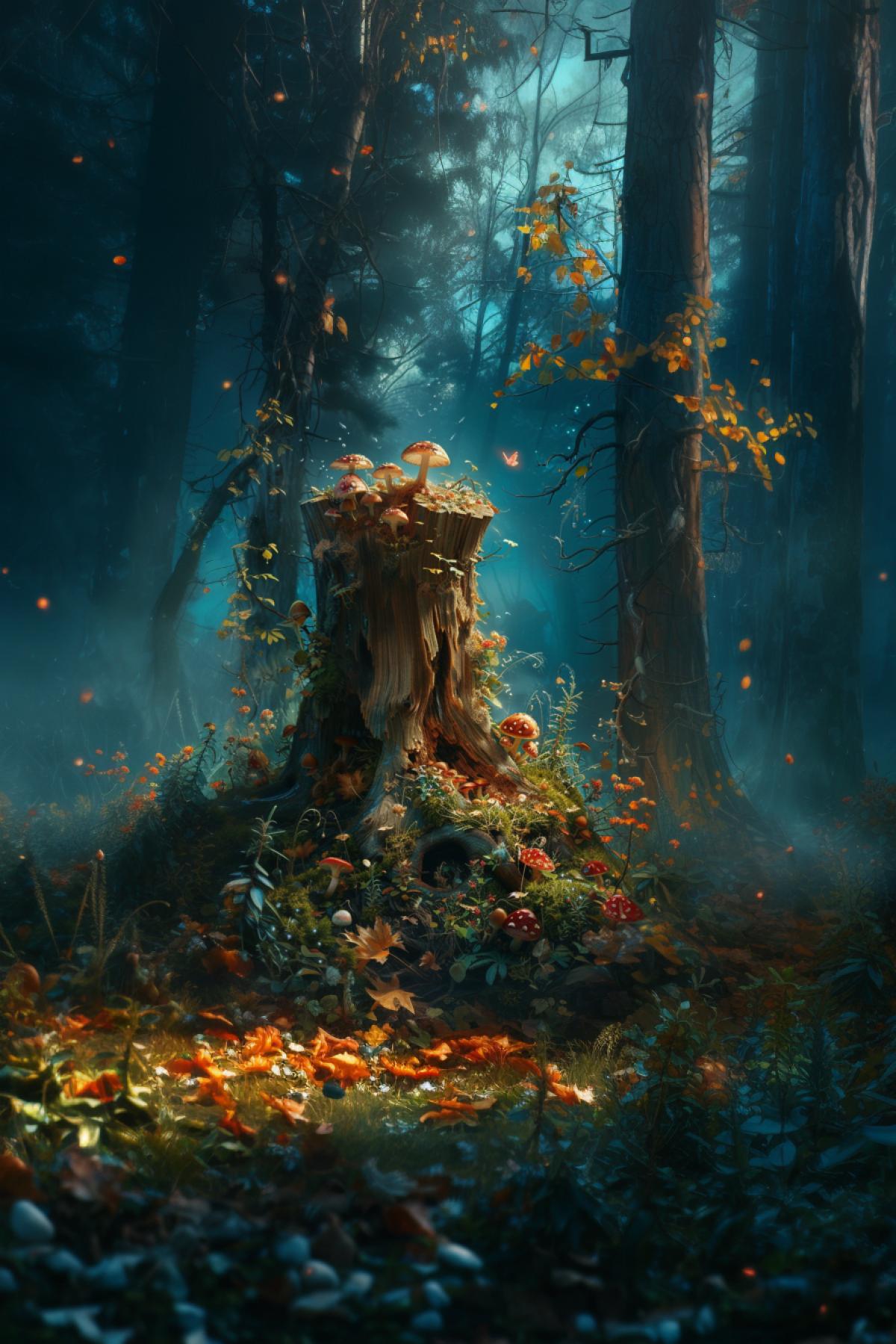 Fairytale world, taiga, rich colors, tree stump, unusual creatures, magic, fairy tale