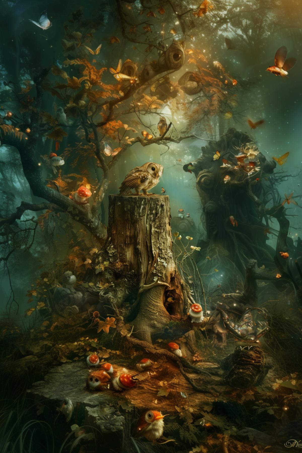Fairytale world, taiga, rich colors, tree stump, unusual creatures, magic, fairy tale