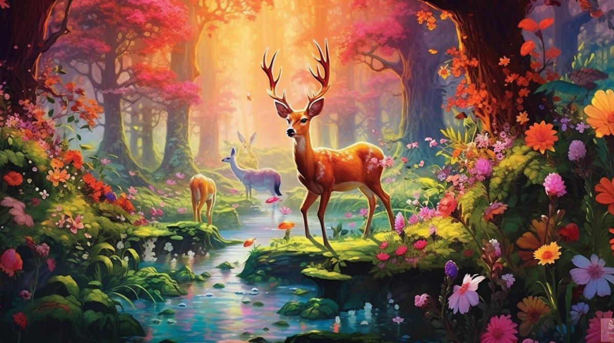 imagine yourself as a child traveler. You have found yourself in a fairy-tale forest of wonderful, unprecedented plants and trees. Multi-colored birds fly around. Deer drink water from a stream. everything is in the sunshine