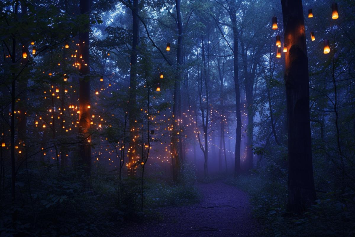 The Forest of Flying Lights is a magical place where luminous dragonflies and shimmering butterflies illuminate dark paths leading deeper into the thicket of trees. Here, every tree seems to come to life at night, emitting a warm light, like candles on a huge wedding cake. Soft wisps of fog float smoothly in the air, creating an atmosphere of mystery and elusiveness, and each sound resembles an invitation to travel into the world of dreams and magic.