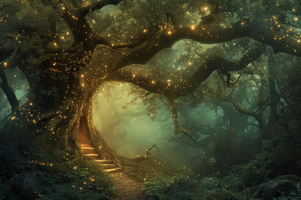 The Forest of Forgotten Dreams is a place where time stops and the air is filled with mysterious aromas. Here, every tree is a living witness to dreams forgotten by people and lost in the abyss of time. Dense foliage creates an impenetrable green carpet, under which hidden paths leading to the deepest secrets are hidden. Among the branches you can see sparkling stars that seem to be lit by themselves, and every whisper of the leaves seems to invite you to listen to your innermost thoughts.