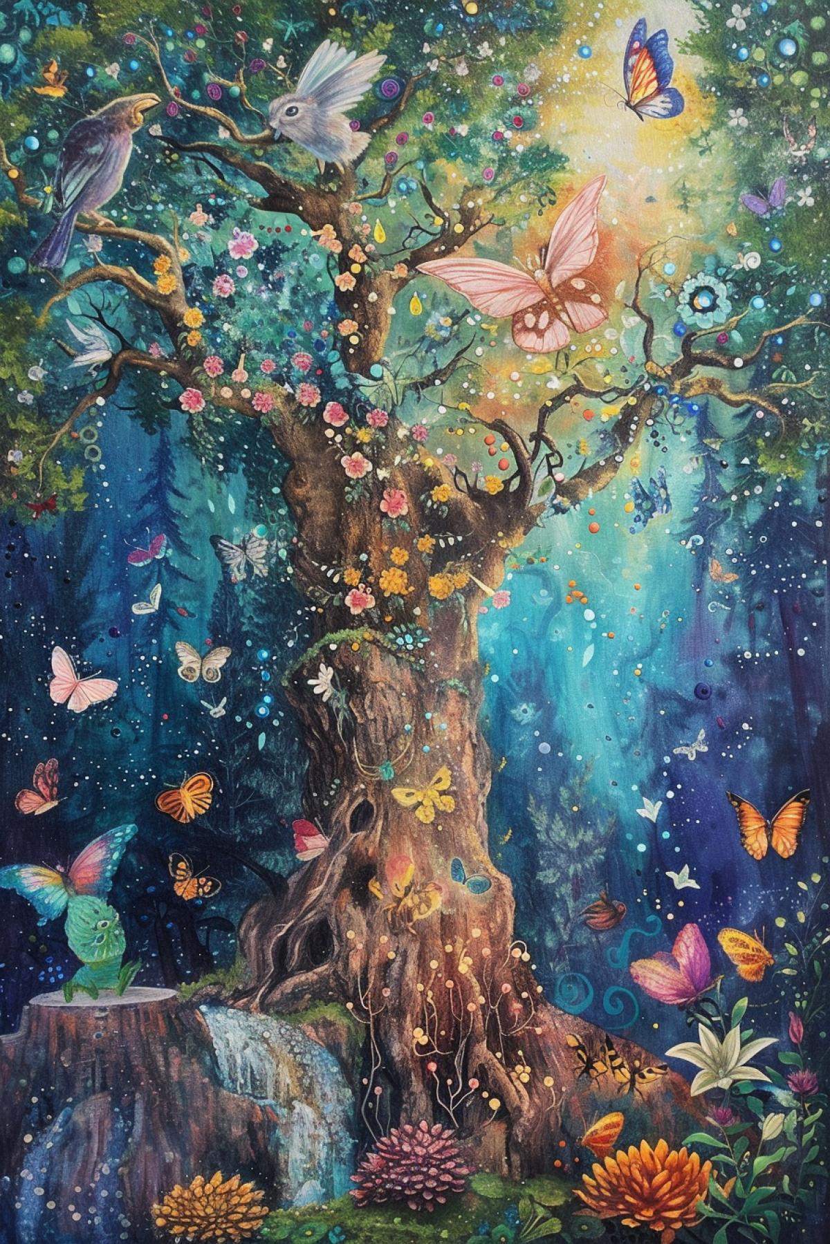 The Forest of Eternal Spring is a place where every day is filled with the aroma of freshness and the sonorous singing of birds, and the trees bloom forever, never withering. Strange creatures live here flying hares with feathers on their ears and soft butterfly wings that jump from branch to branch, spreading their wings in a cheerful dance. My paintings are filled with the bright colors of spring greenery and delicate shades of blooming flowers, which make the viewer feel spring inspiration and joy