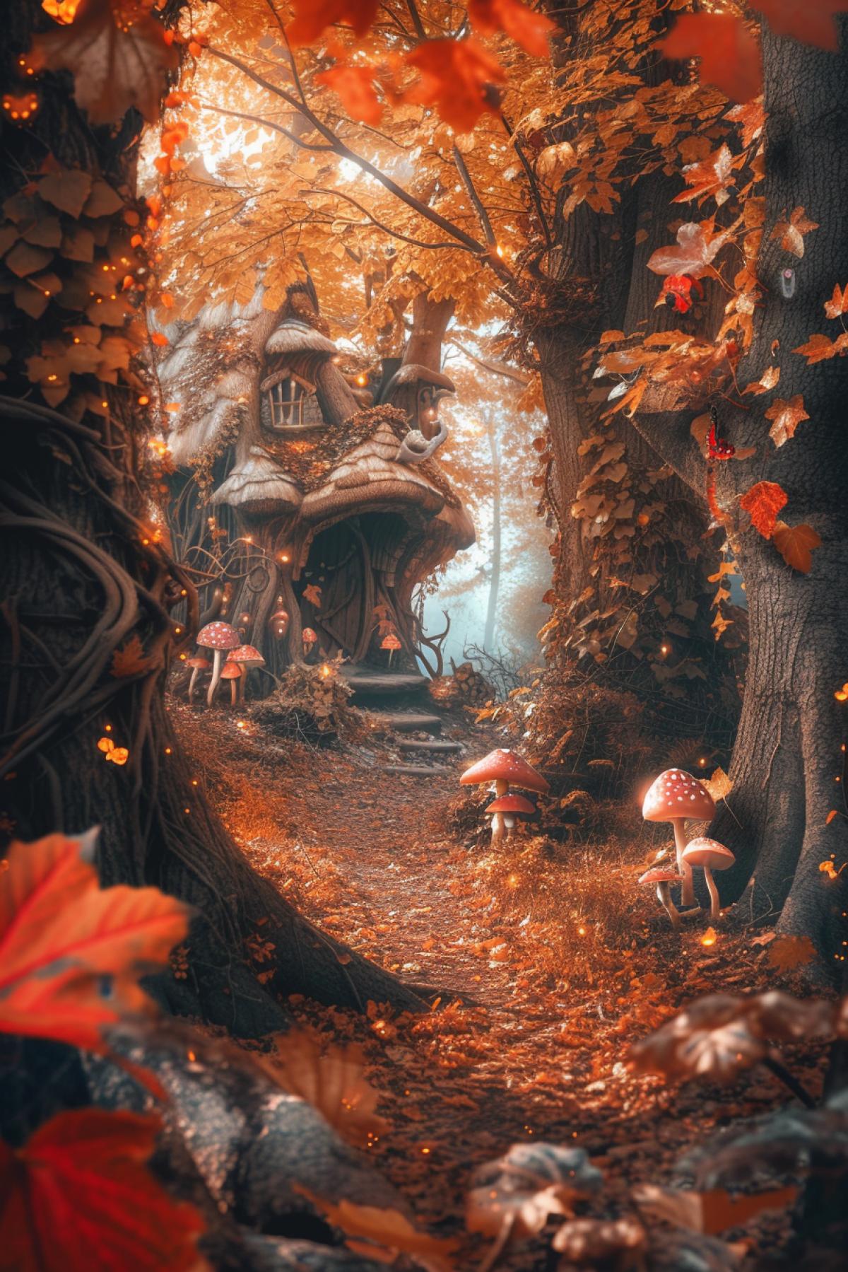 a magical forest with whimsical creatures and vibrant autumn colors