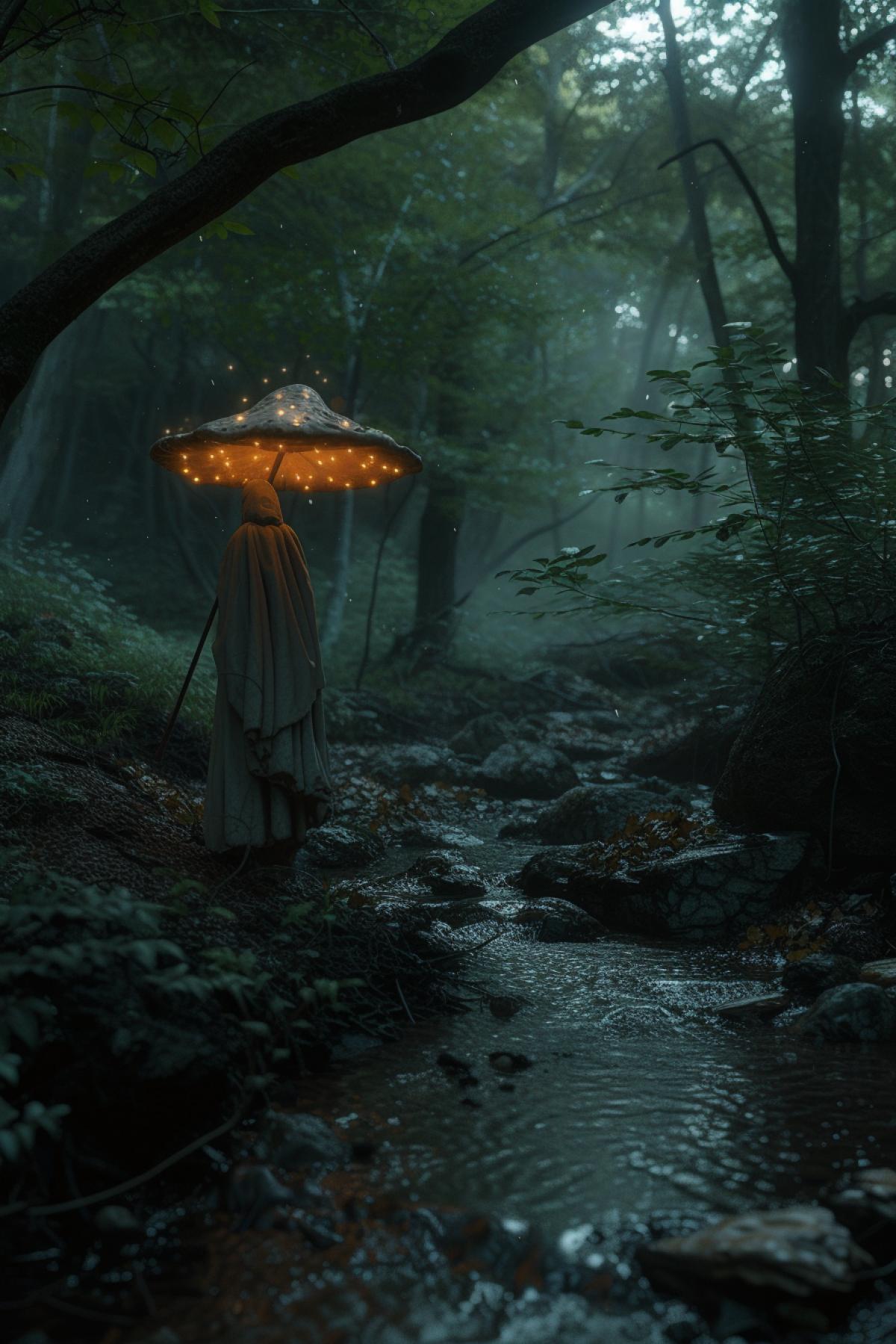 A ghostly Elven-mushroom-goblin in a magical forest with a stream, , bioluminescent, cinematic lighting, hyper realism