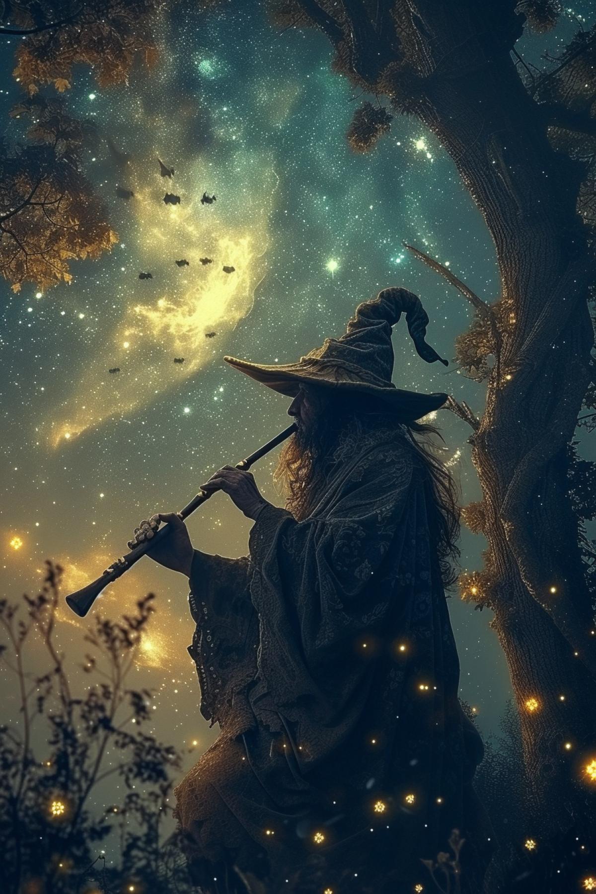 full shot, a friendly wizard playing his magical flute in the night magical forest under night sky, magical atmosphere, hyper details, rich colors, photograph