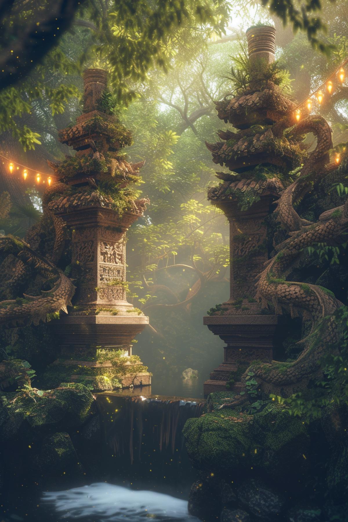 ancient dragon shrine in a misty magical fantasy forest, two large stone chinese dragon statues guarding the entrance, towering mossy trees, pool of milky blue glowing liquid, sparkling fairy lights, spirits, golden hour, god rays, extremely detailed and hyperrealistic fantasy environment, peaceful, serene, mystical, exquisite, stunningly beautiful,