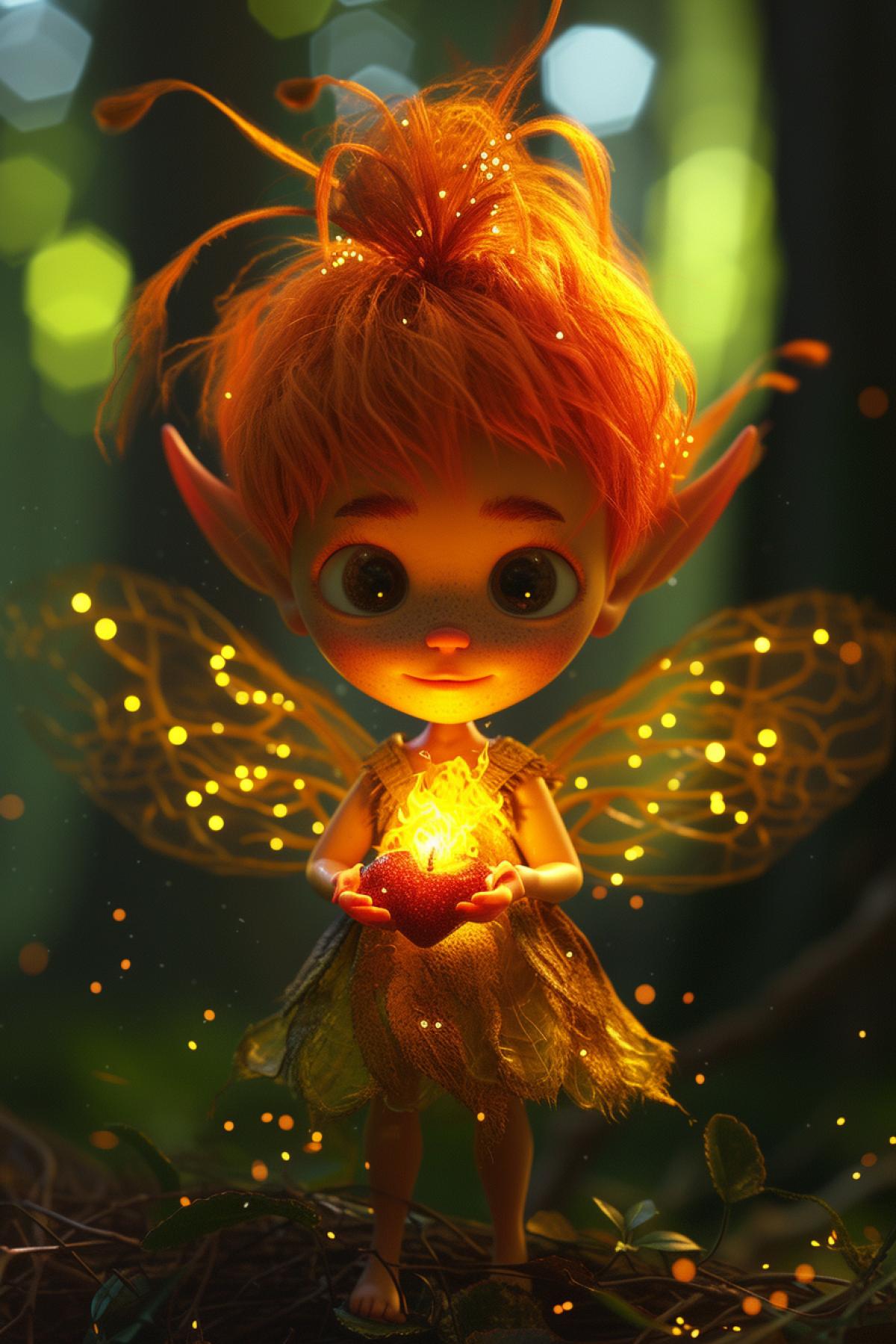 adorable fairy, by Pixar, fireflies, fiery eyes, flame, sparkles, ultra detailed, full body, magical forest background, heartcore in hands, glowing eyes, extremly realistic