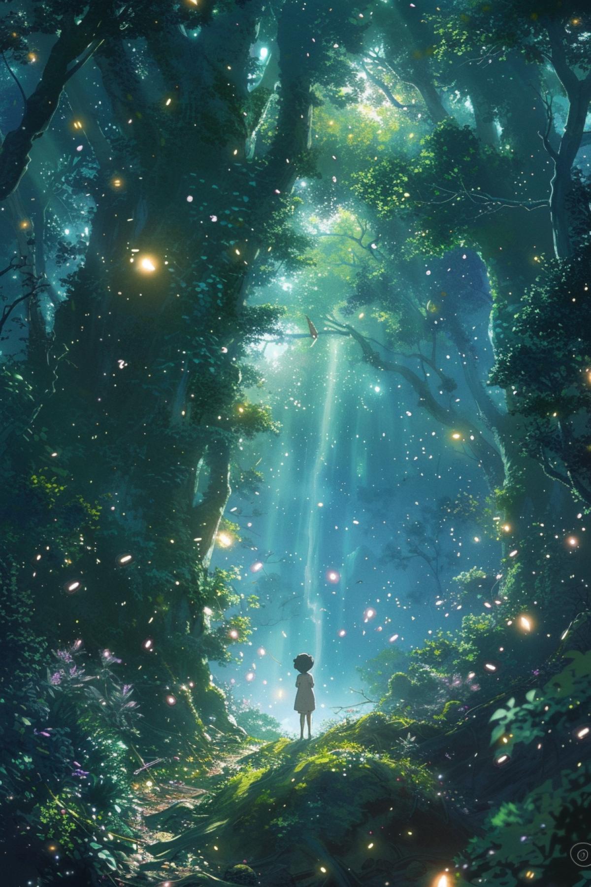 a magical mystical forest with fairies, fireflies and wisps, with a portal to another dimension, studio ghibli, makoto shinkal