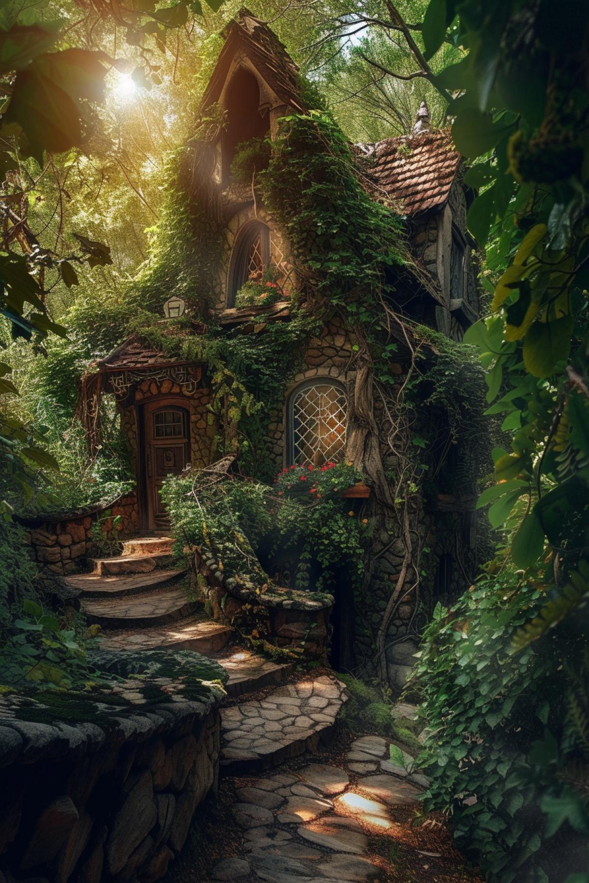 fairy forest, sparkling light, trees canopies, little animals, living, tropical flowers, vines, cottage, cobblestone, ethereal, radiant, servers, celestial, octane, intricate, magical, bright, ultra hd