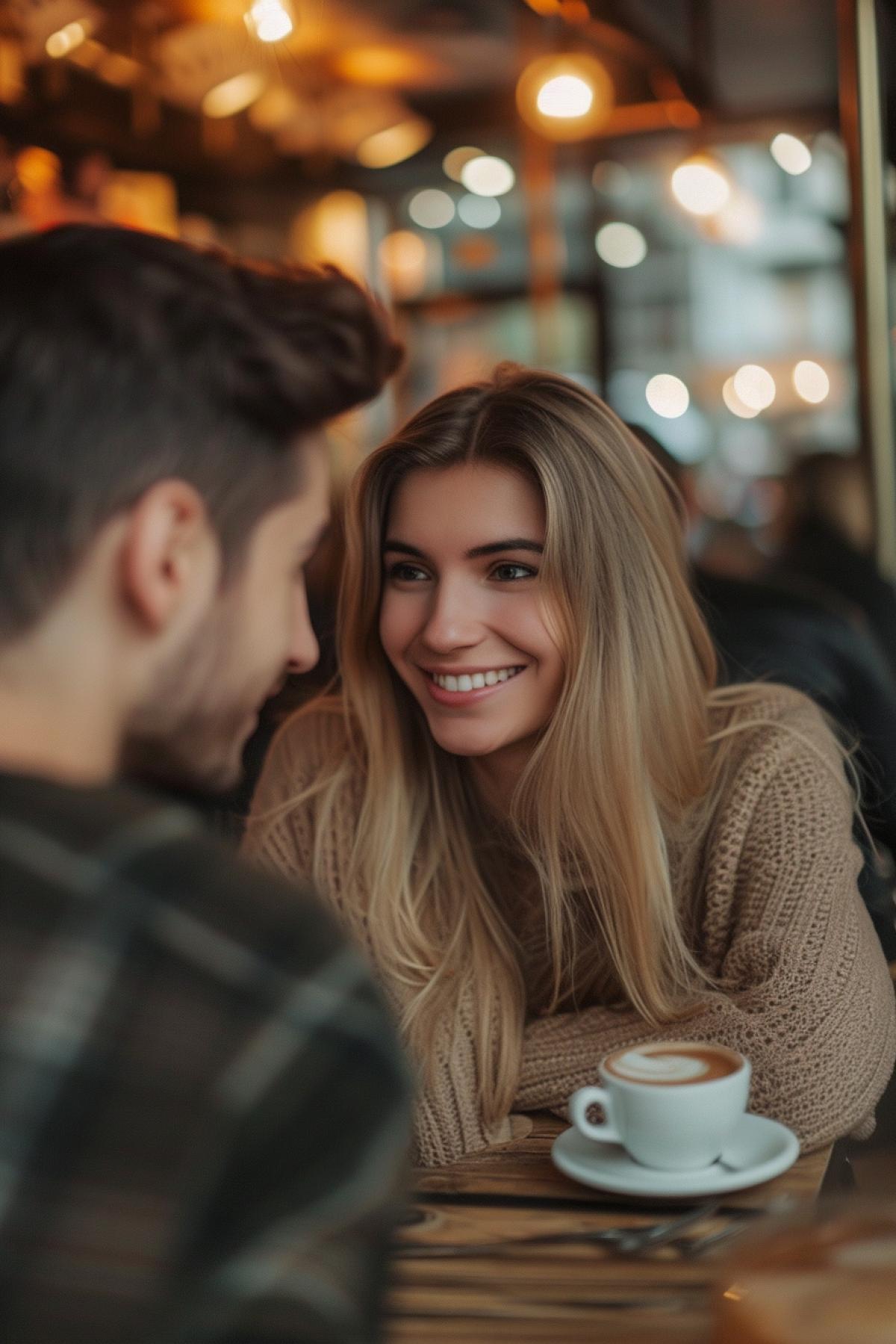 A couple dating at coffeeshop for him nothing else exists but only sharp focus on her eyes and smile rest is blurred realistic detailed photo