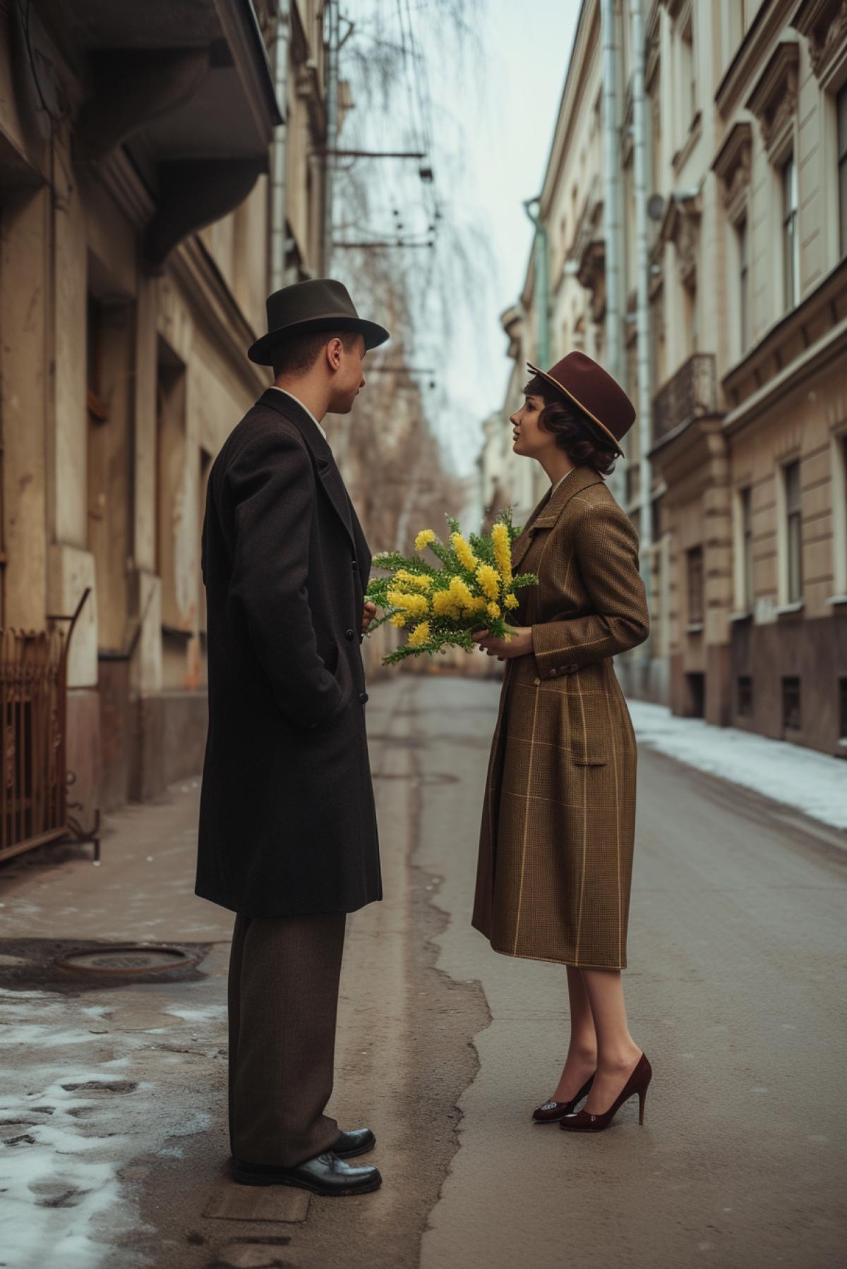 In the deserted narrow pavement street of 1930-s early spring Moscow handsome he and beautiful luxury shе catching each others look across the street they are on opposite sides of the street wearing 1930-s clothes hats she holds bouquet of mimosa first date realistic photo --no smile