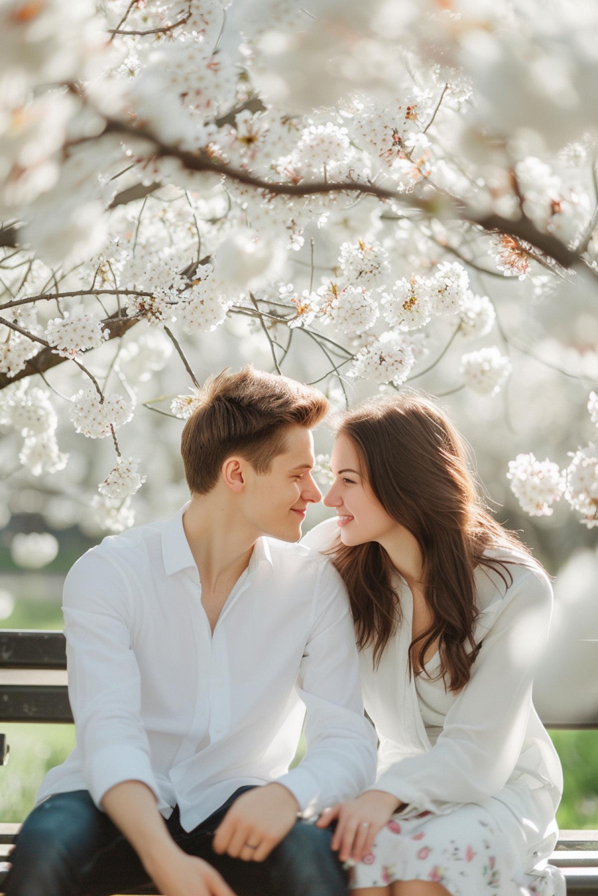 At the first date of beautiful couple he speaks of love to her in may city park in blossom