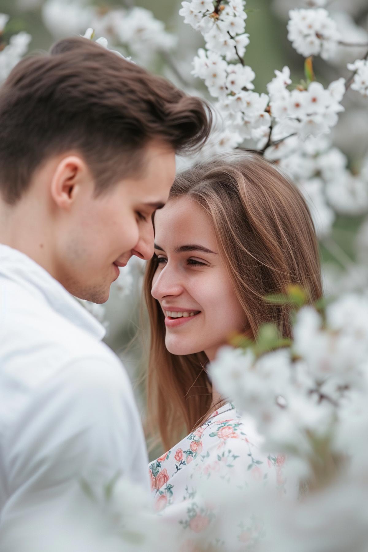 At the first date of beautiful couple he speaks love to her in may city park in blossom
