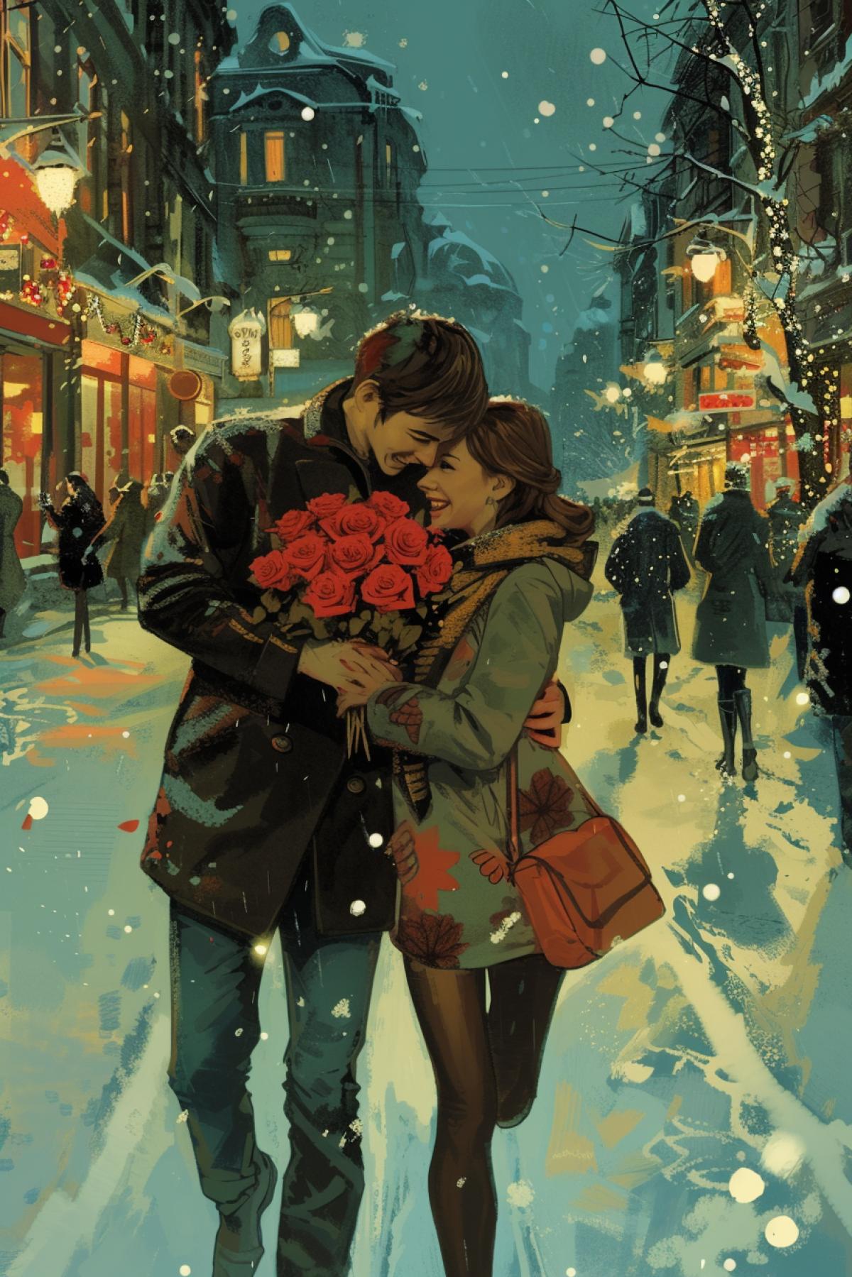 In overcrowded corner of winter city he with bouquet of red roses waits she hurrying up running to date with him
