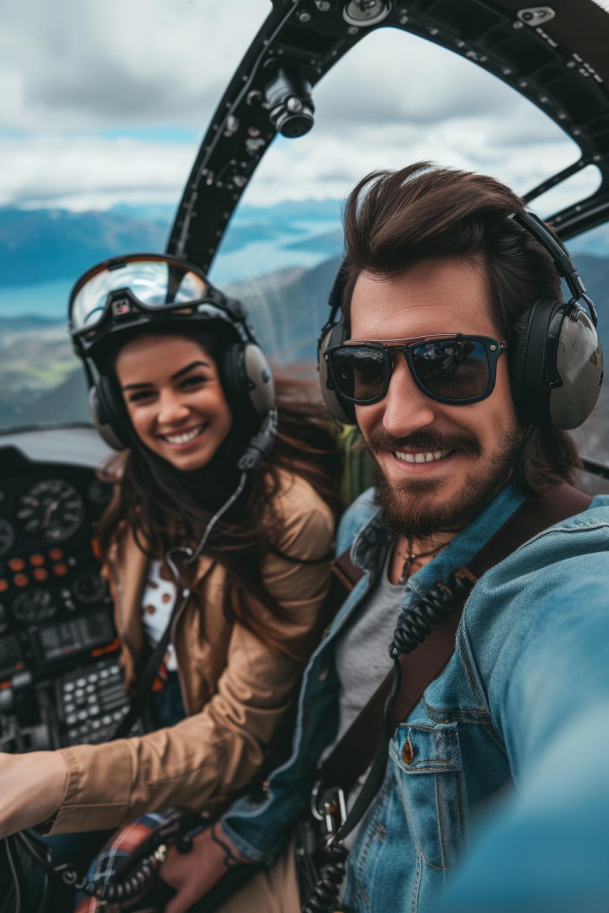 cheerful man and woman, dark hair, sitting in a transparent helicopter cabin, a man controls a helicopter, flying over a beautiful landscape, love, wide plan,