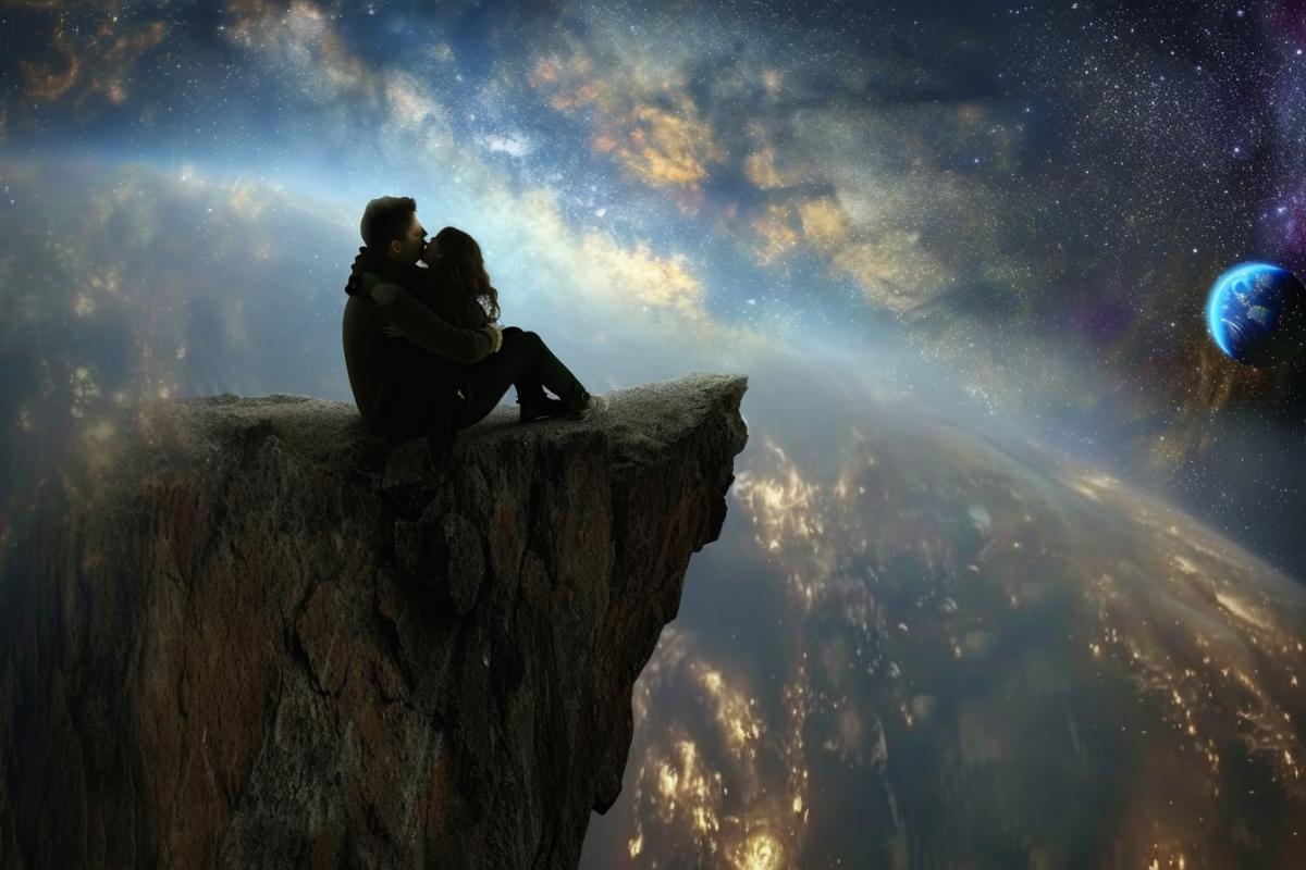 a guy and a girl in love, hugging each other, are sitting on the edge of a cliff, at the edge of the world, in front of them is the whole universe