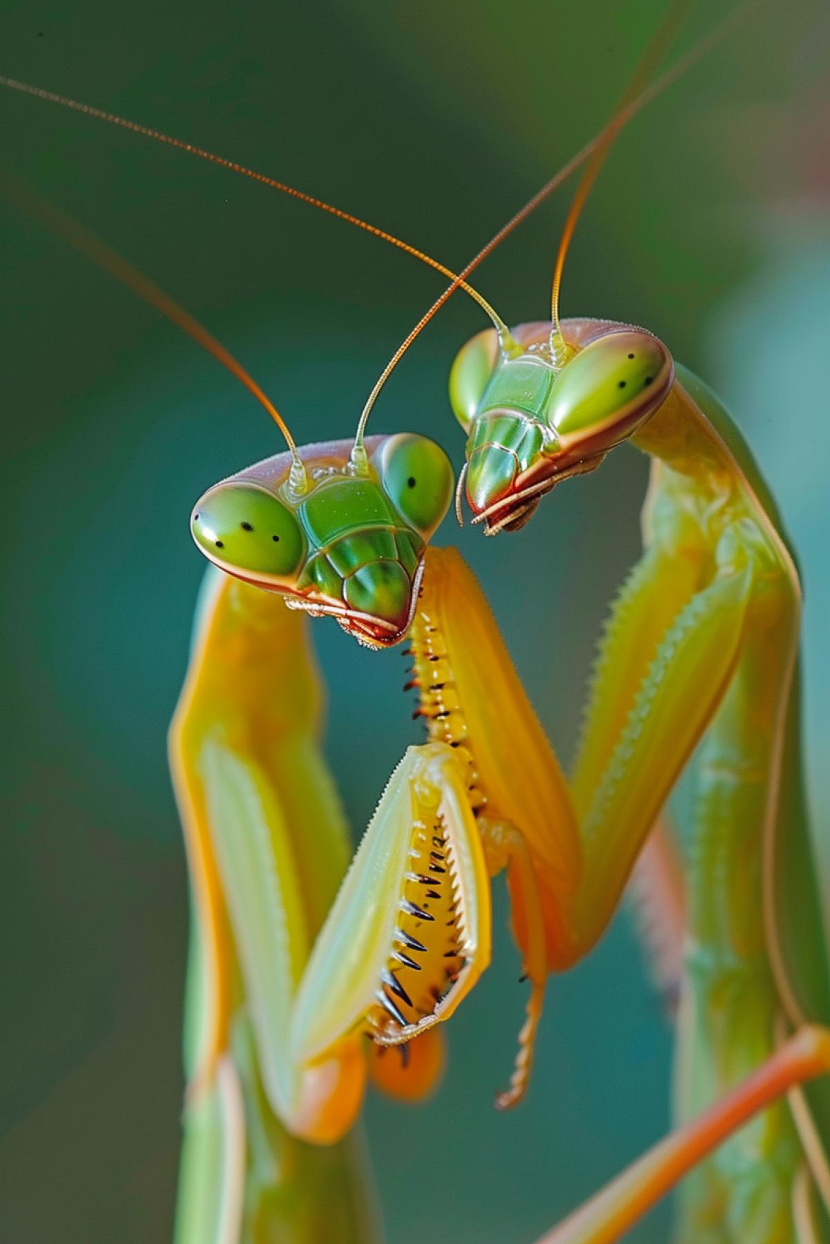 Female mantis meeting male mantis danger macro photo