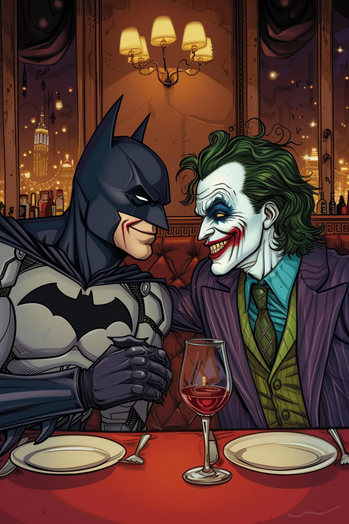 Batman and Joker are on a date together, they are at a restaurant, the atmosphere of love and happiness, cartoon drawing