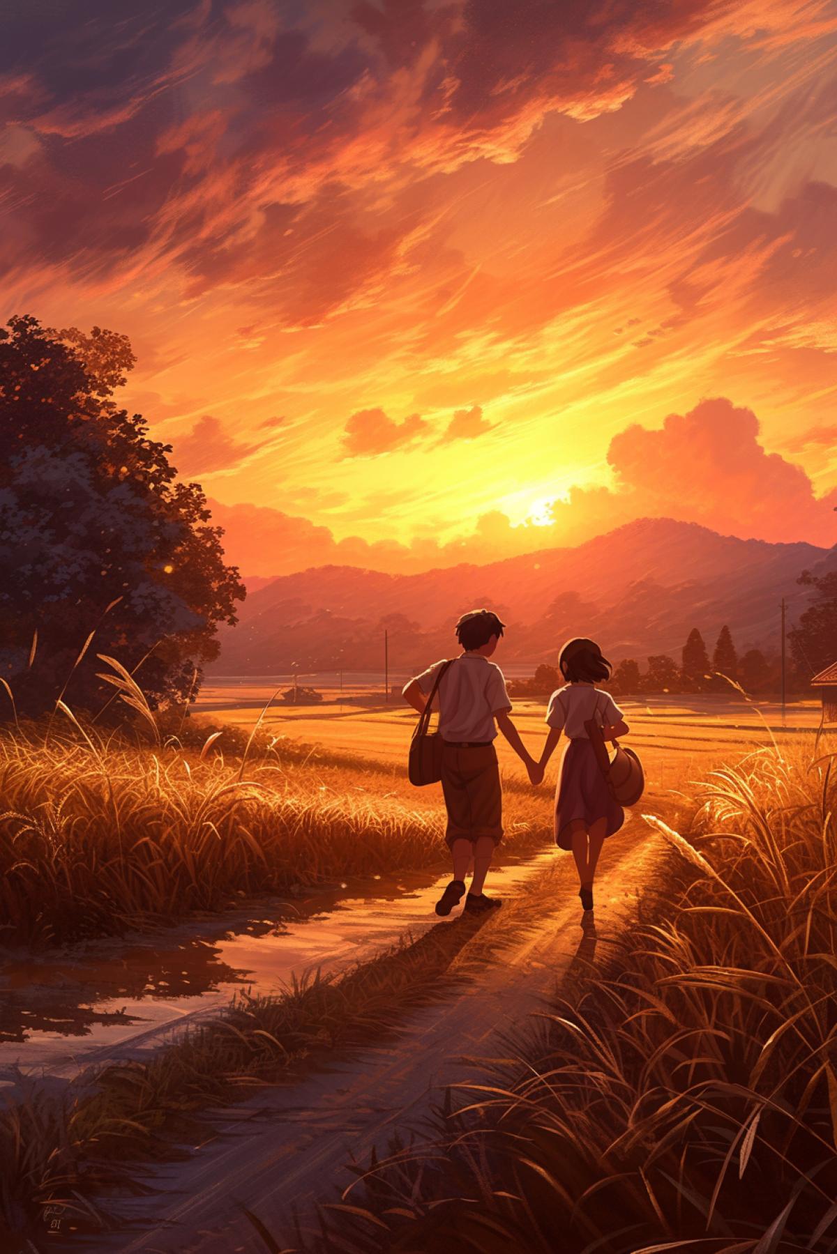 guy holding girls hand, walking along the road, summer, sunset, field, a magical mystical forest ,studio ghibli, by makoto shinkai, in dynamics, highly detailed, packed with hidden details, style, high dynamic range, hyper realistic, realistic attention to detail, highly detailed, 32K, intense close ups, uhd image, realism, colorful realism
