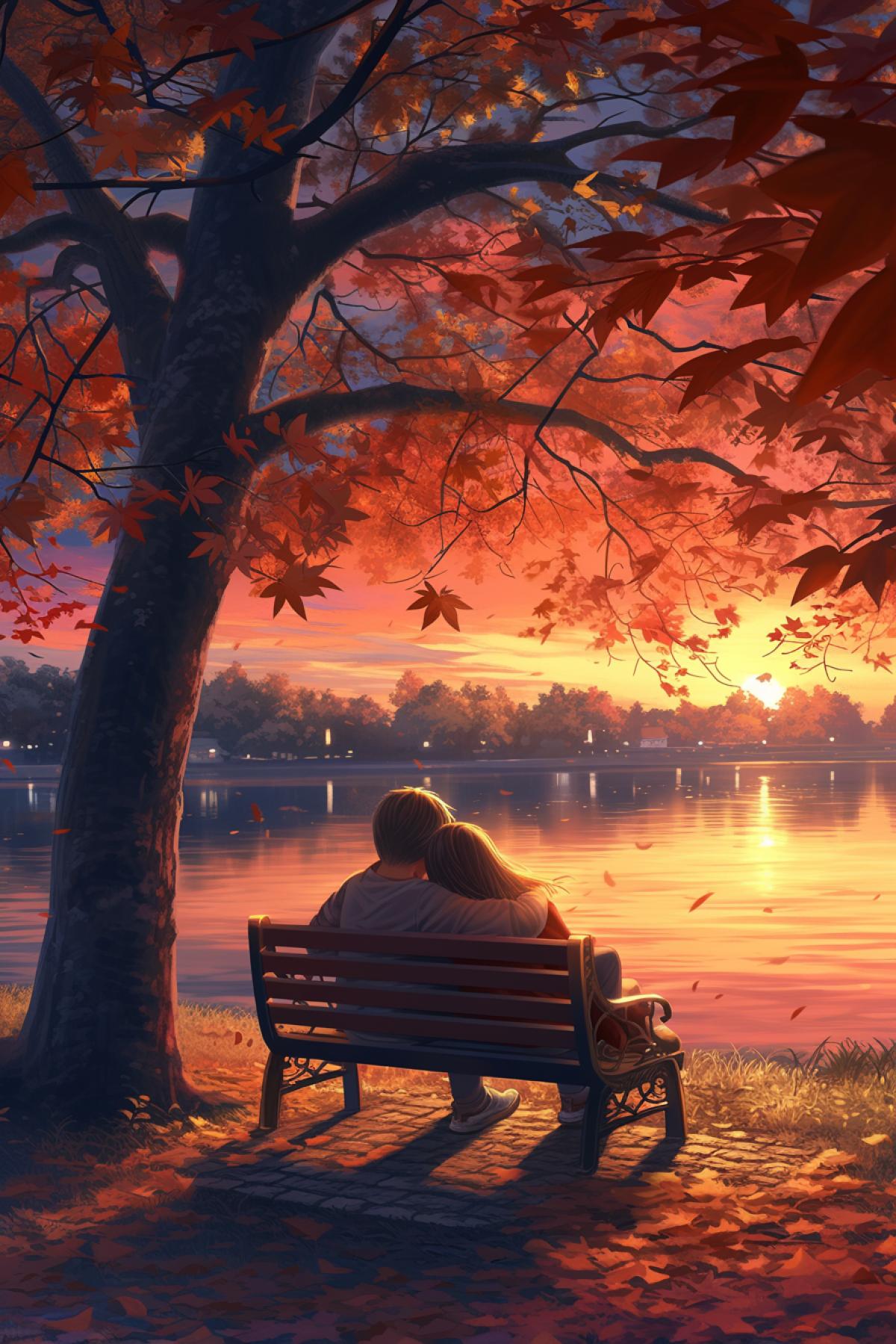 girl puts her head on guys shoulder, sitting on a park bench, evening, lake, tree, autumn, autumn colors, by makoto shinkai, in dynamics, highly detailed, packed with hidden details, style, high dynamic range, hyper realistic, realistic attention to detail, highly detailed, 32K, intense close ups, uhd image, realism, colorful realism