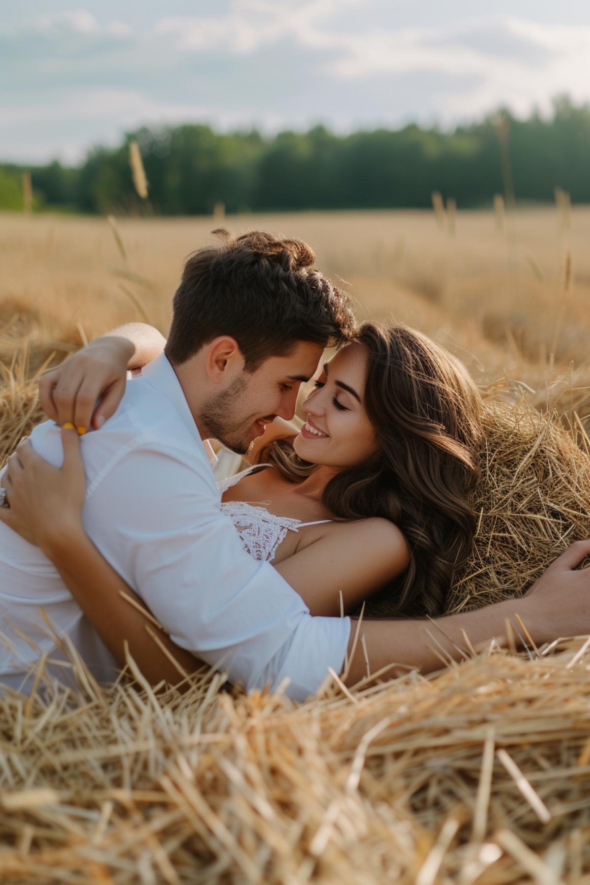Happy couple lying in hay bodies crossed tall haystack in field love tenderness desireful touches sunny august day forest on the horizon