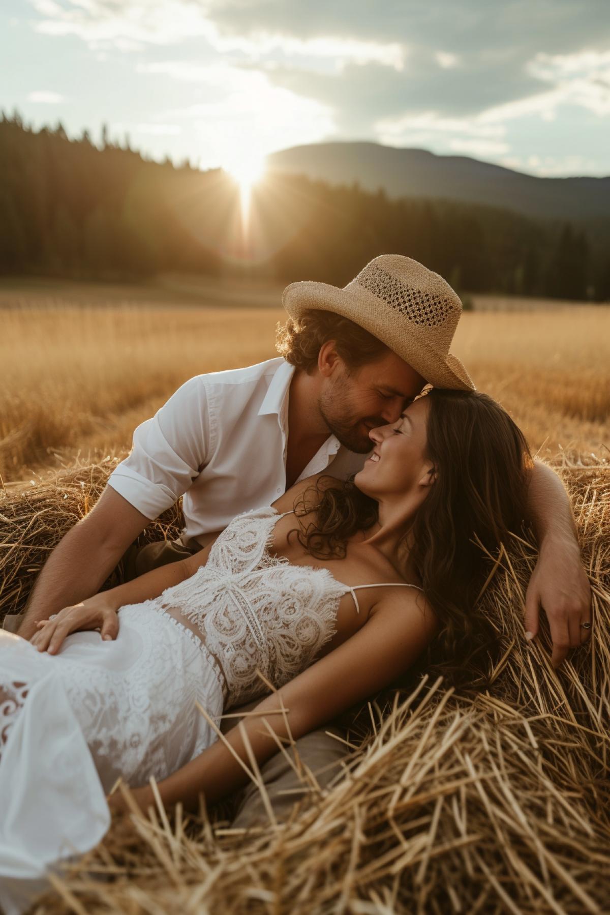 Happy couple lying in hay bodies crossed tall haystack in field love tenderness desireful touches sunny august day forest on the horizon