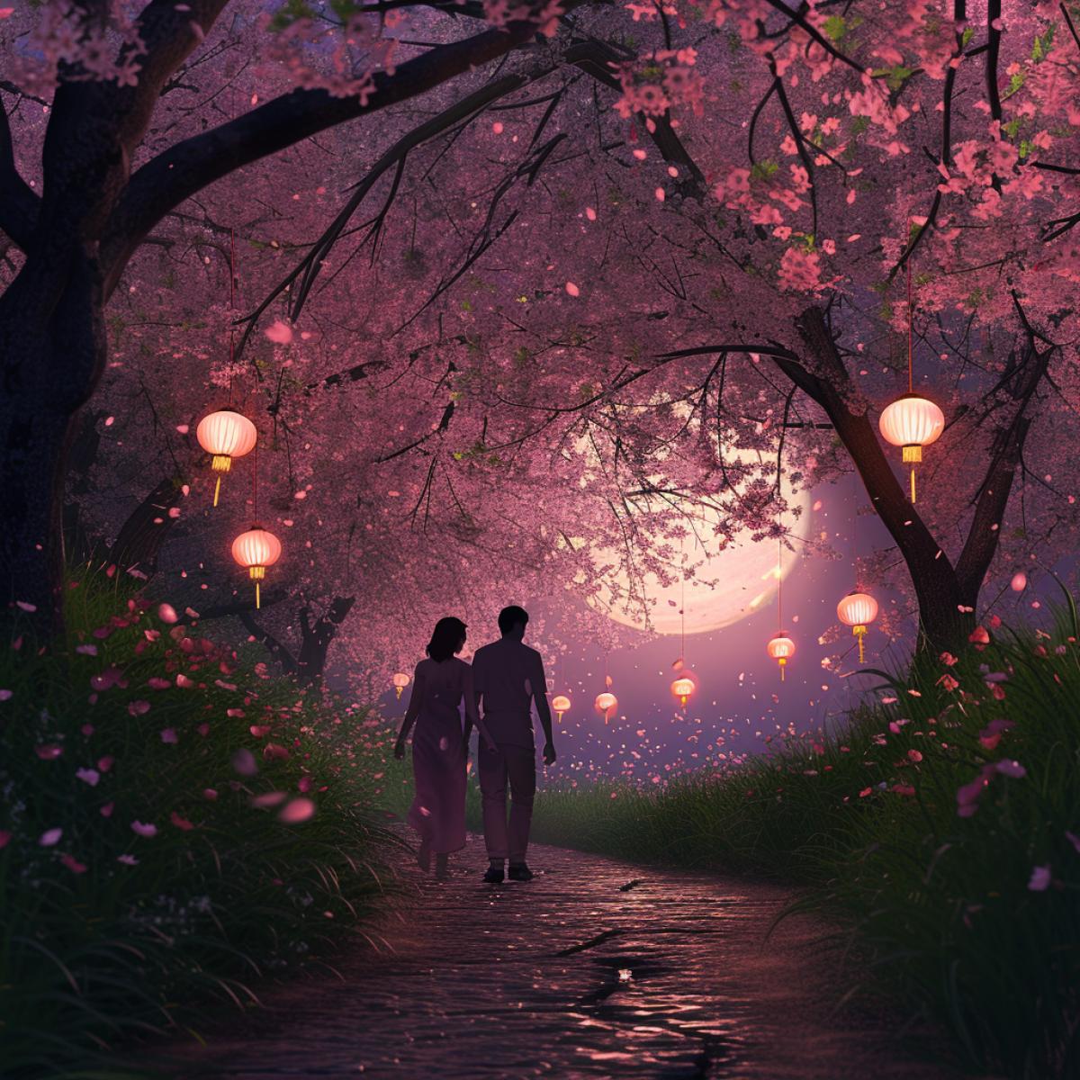 couple in love, A moonlit stroll through a blossoming cherry blossom garden, where delicate pink petals dance on the breeze like whispers of love. Lanterns hanging from the branches cast a soft, ethereal glow, illuminating the path ahead. The couple walks hand in hand along a winding stone pathway, their footsteps muffled by the lush grass. With each step, they are enveloped in the intoxicating fragrance of spring flowers, their hearts swelling with the beauty of nature and the joy of being together