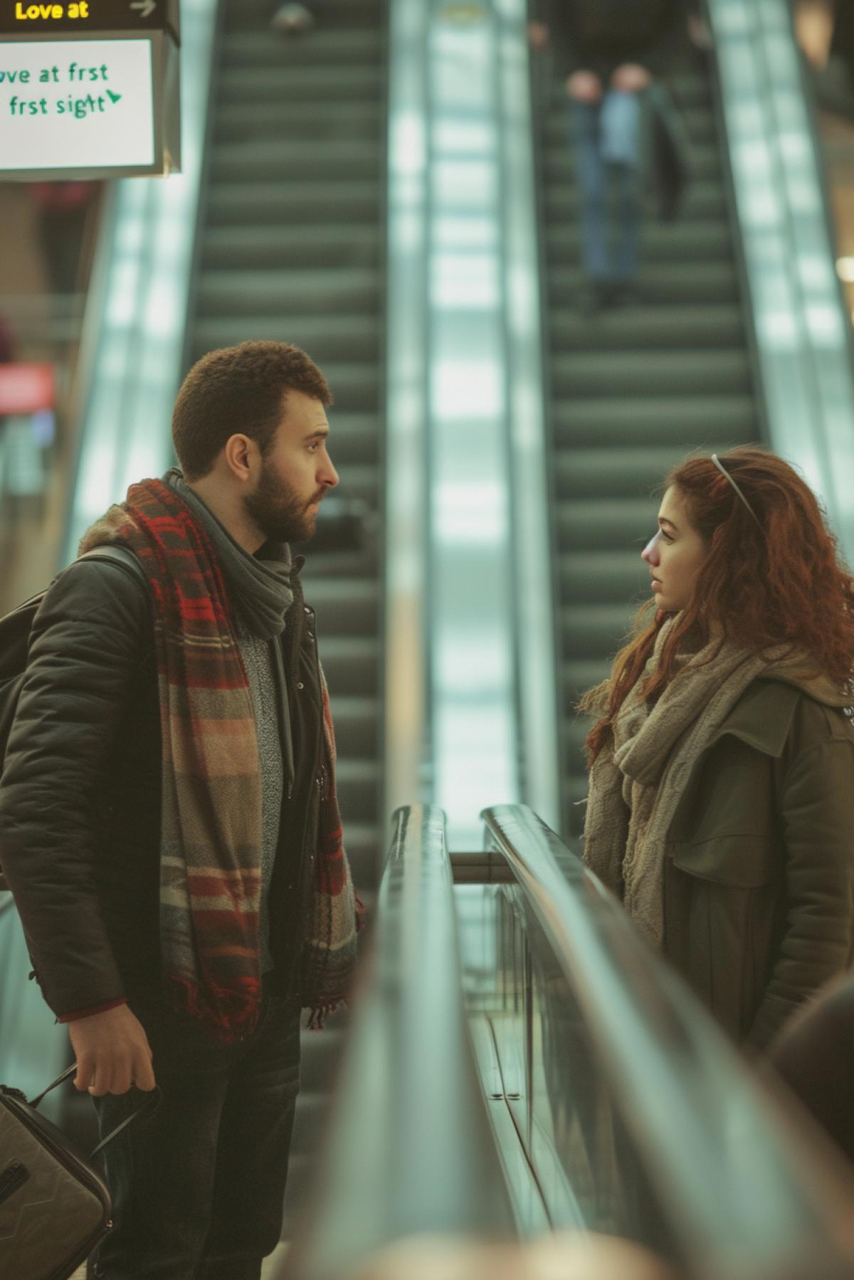 Two different escalators handsome man on escalator and beautiful girl on another different escalator looking at each other love at first sight sharp focus on faces flashing inscription \"Love at first sight\"