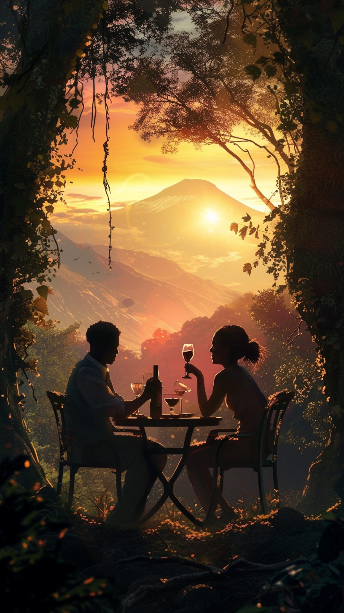 a deep woods in Kilimanjaro with view of the mountain kilimanjaro with a couple having a date during sunset with wine on the table 8k