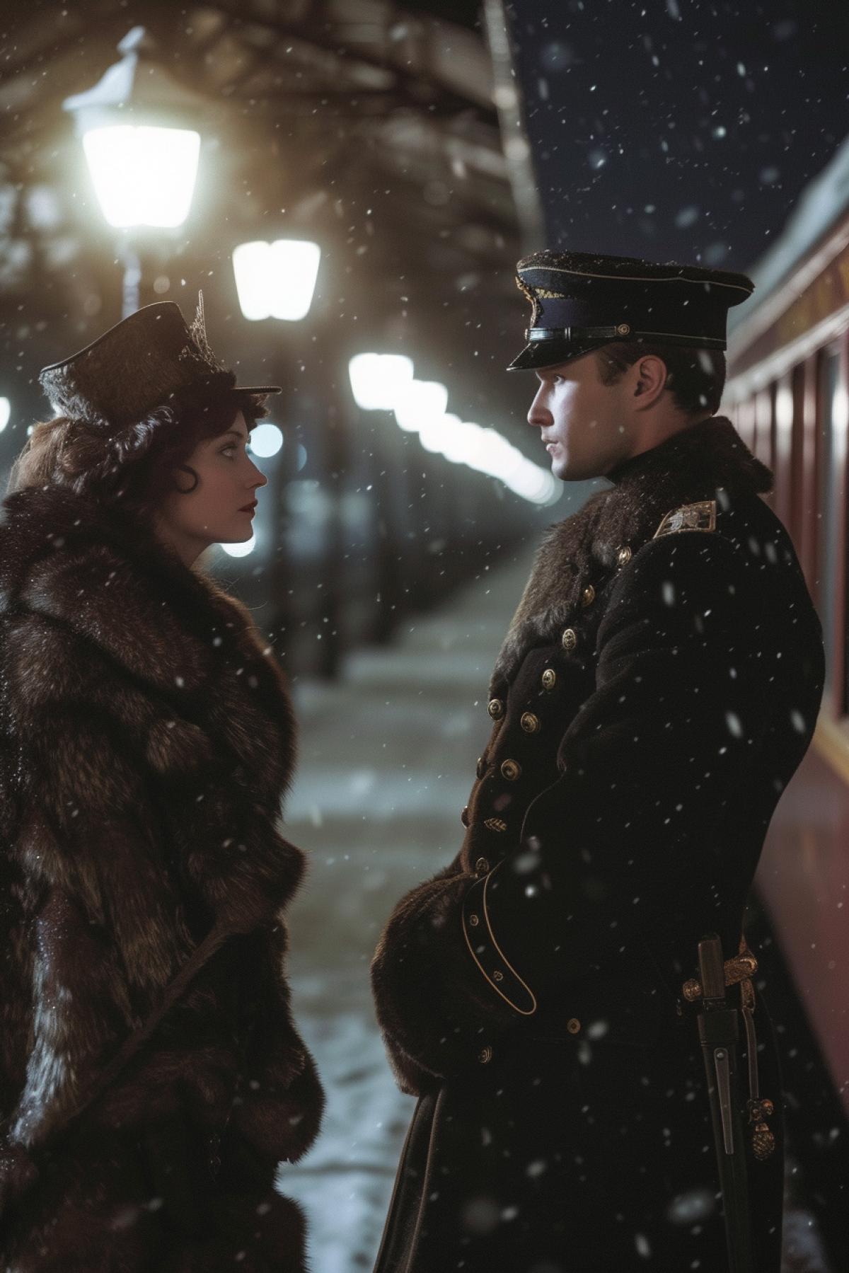 Anna Karenina wearing furs in winter snowstorm night on the railroad platform looks at brilliant handsome officer Alexey Vronsky Russia 1870s --no hugging