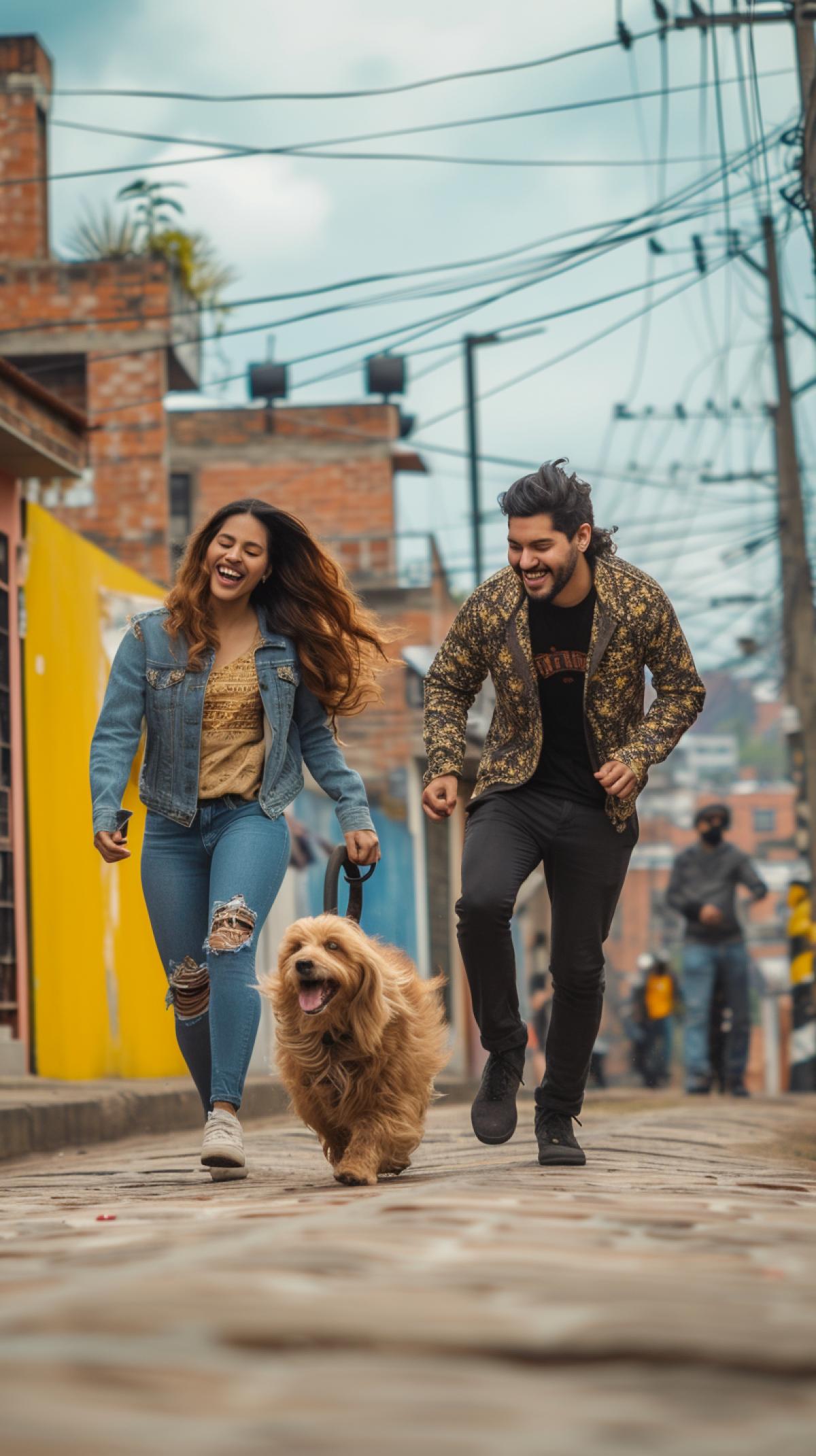 A full shot of a young Colombian couple in their 30s from soacha, man and woman, in a popular neigborhood, playing with a dog, running with a dog, dog, having fun with a dog, Canon Photography 4k canon f50 mm