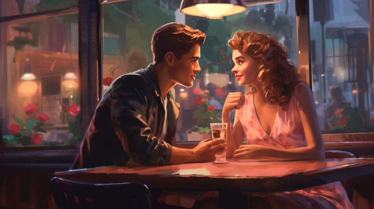 imagine yourself as a happy romantic girl. generate a realistic photo of a romantic date in a retro cafe