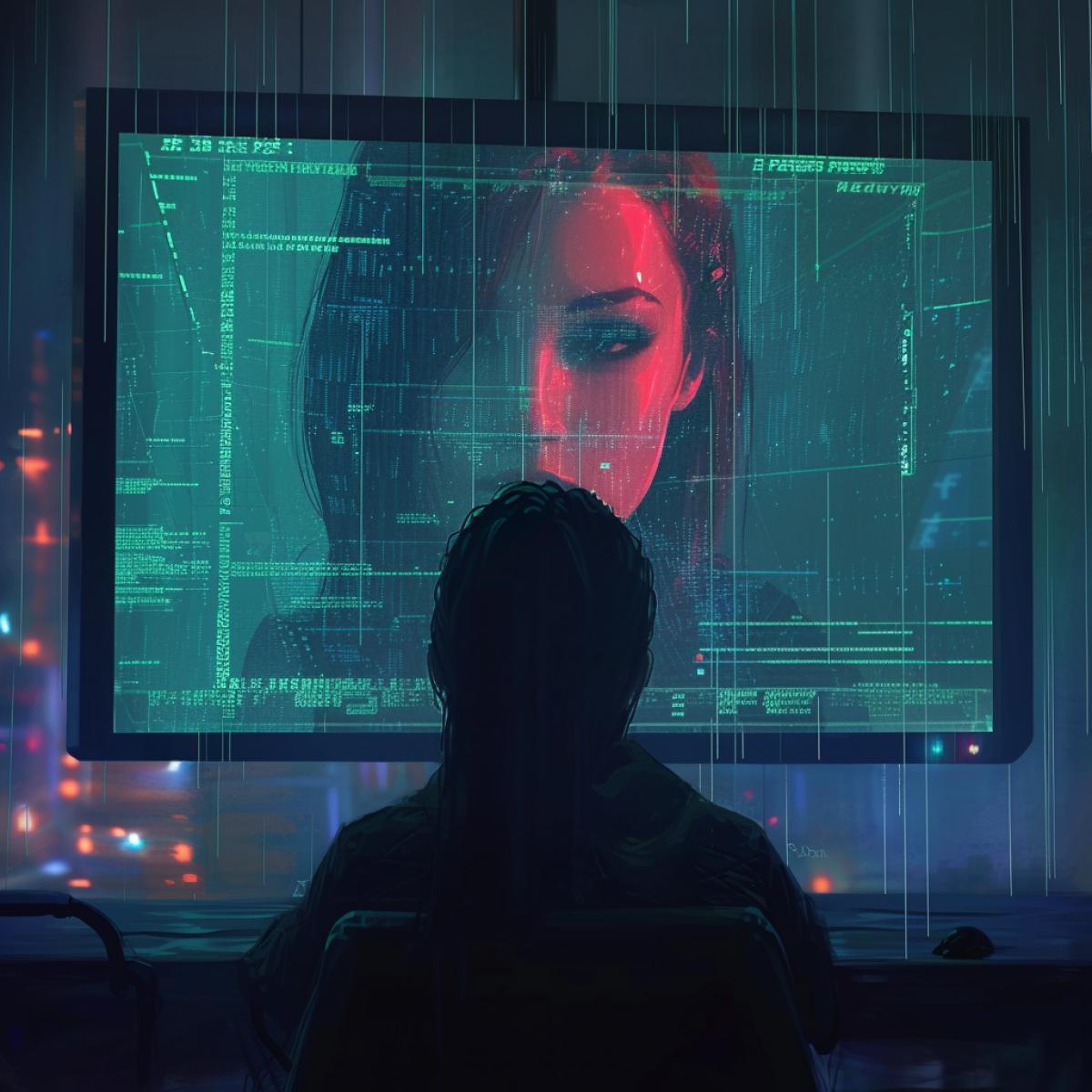 A lonely man in front of a monitor on a virtual date with a beautiful woman, cyberpunk noir