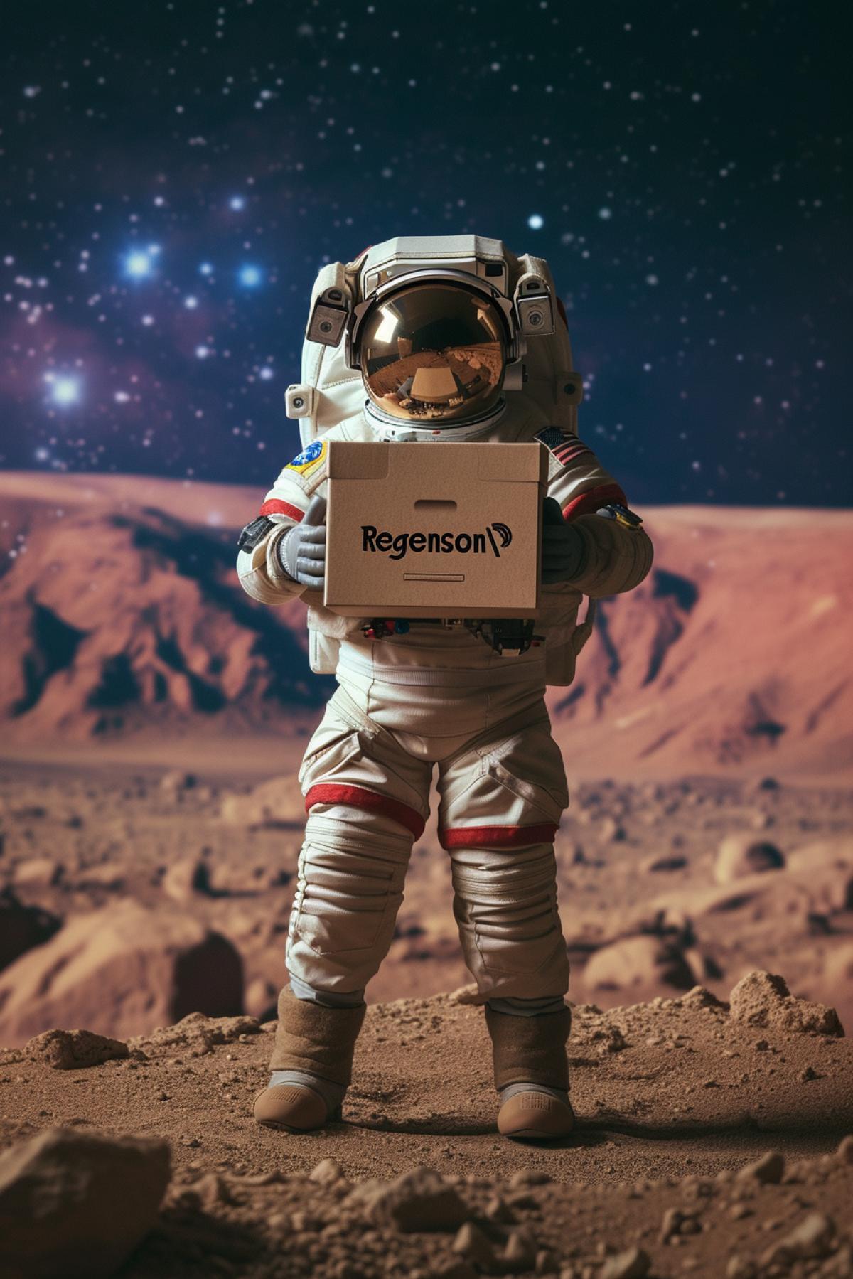 advertising photo of an astronaut on Mars holding out his arms a box with the inscription \"Regenson\"